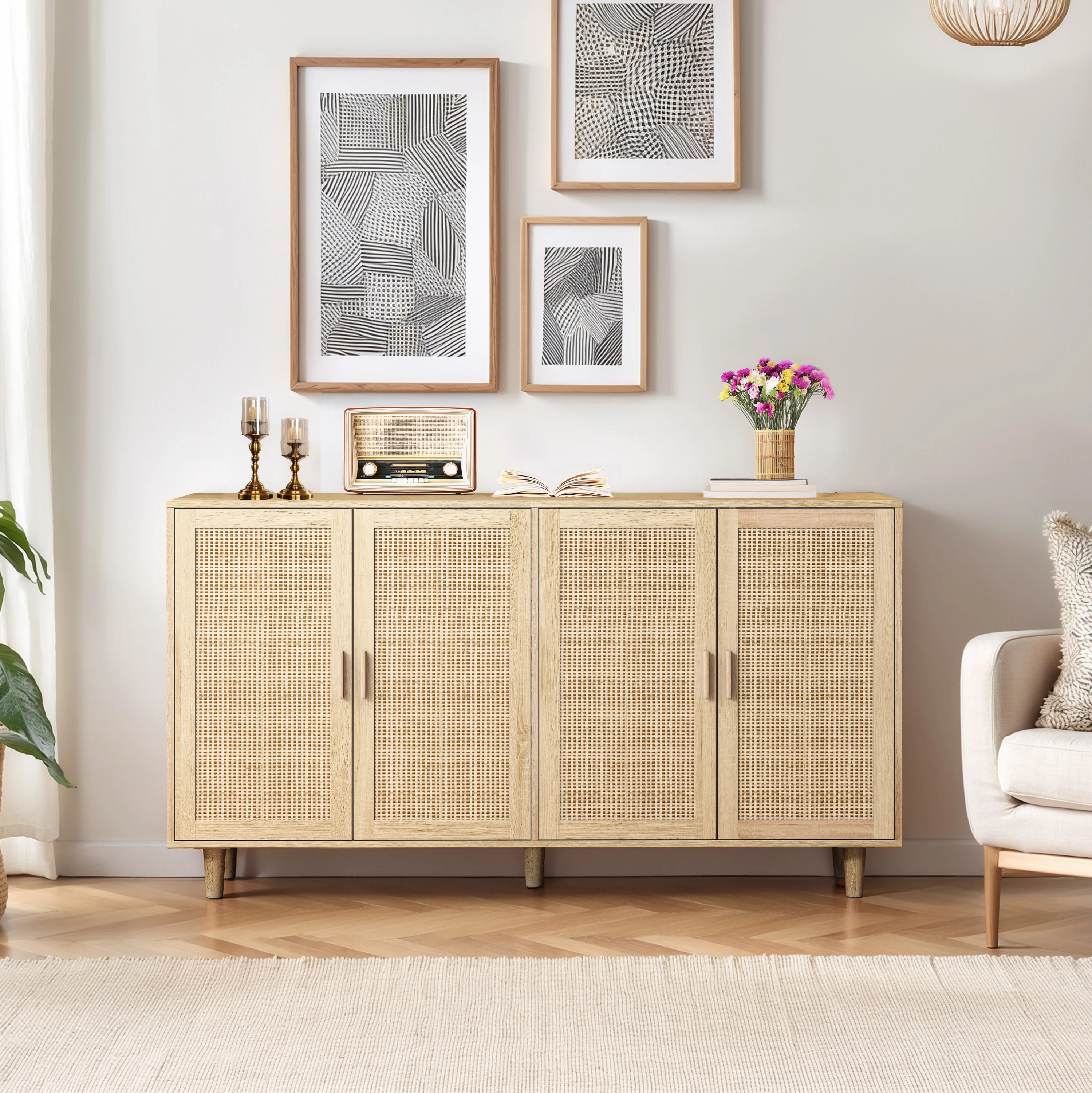 Walker Edison | Modern 4-Door Rattan Storage Sideboard TV Stand