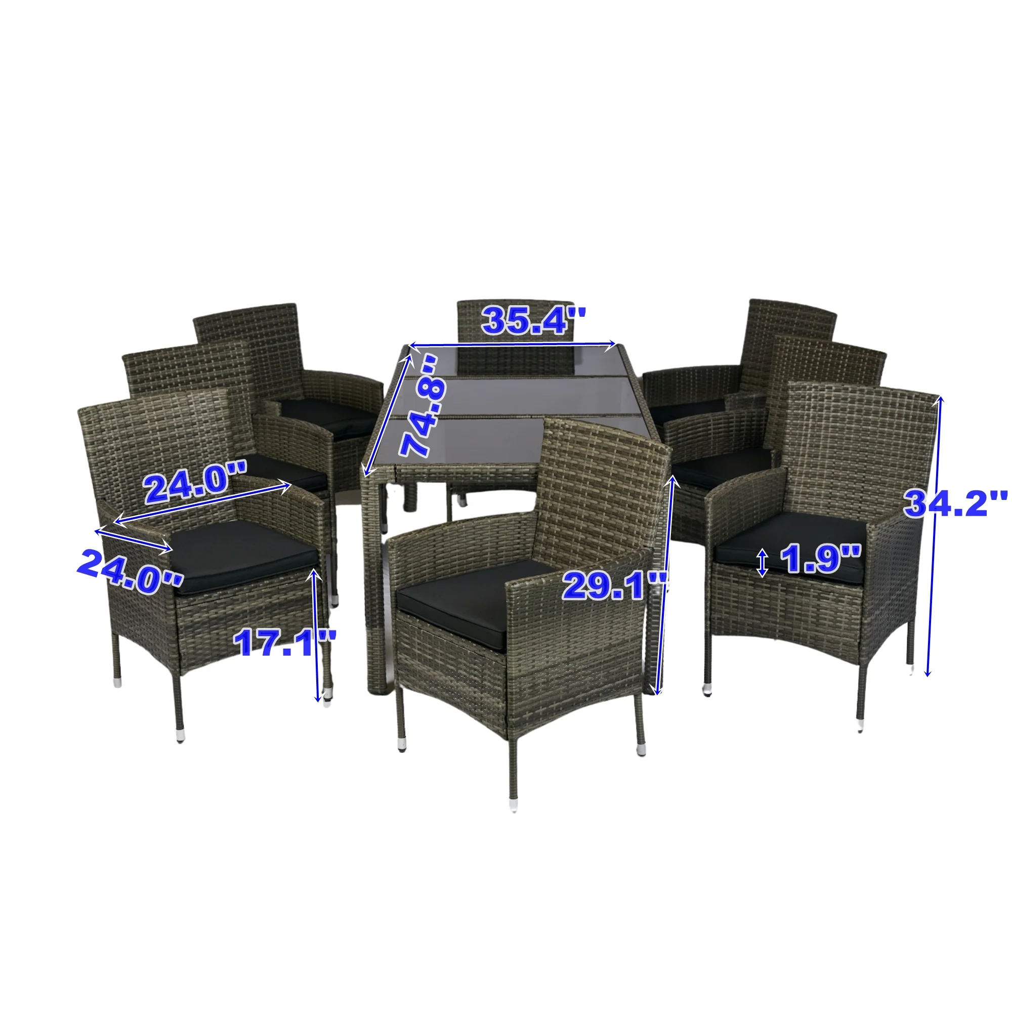 Walker Edison | 9 piece Outdoor Patio Wicker Dining Set with Glass Top