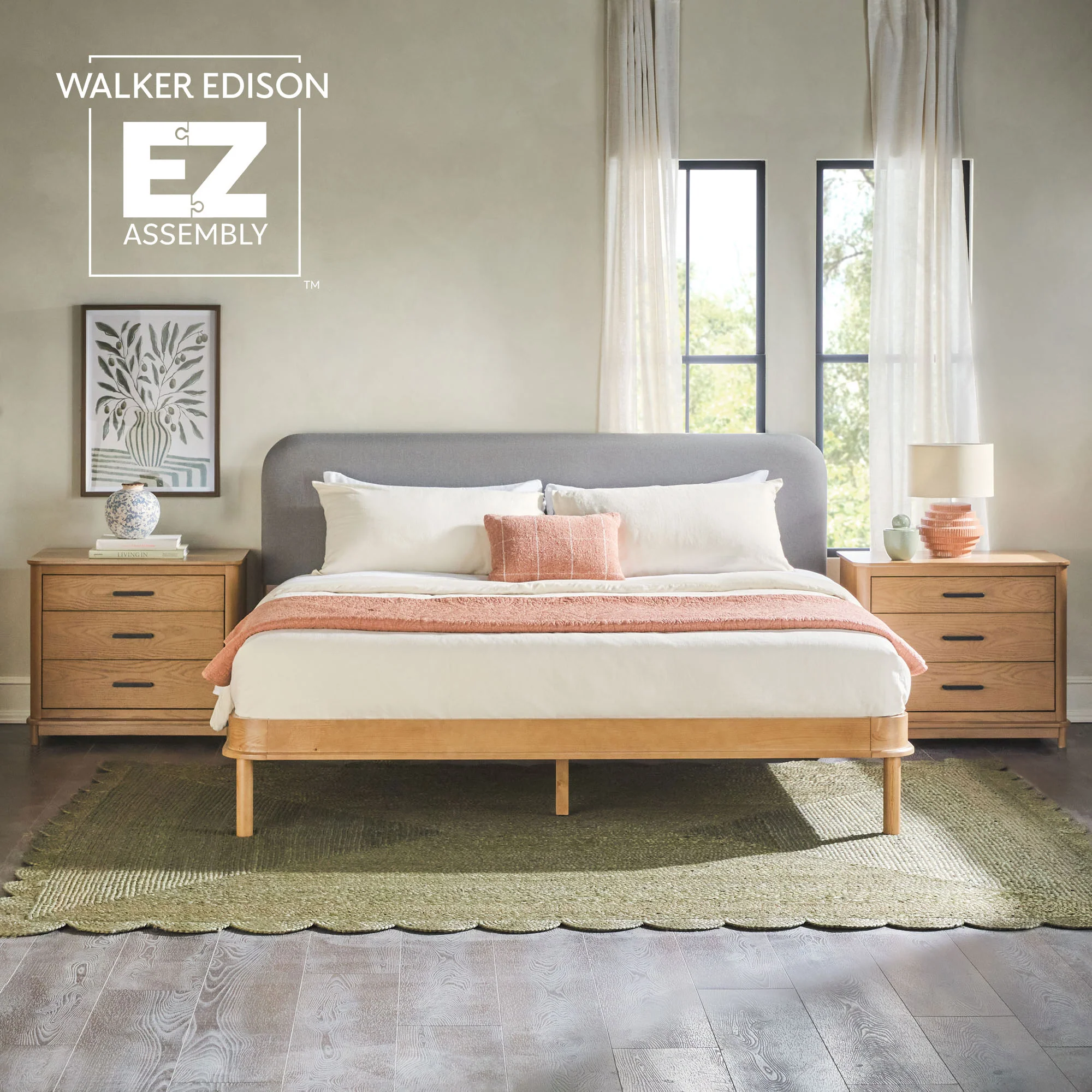 Annette Contemporary Upholstered Headboard Curved Wood Bed Frame