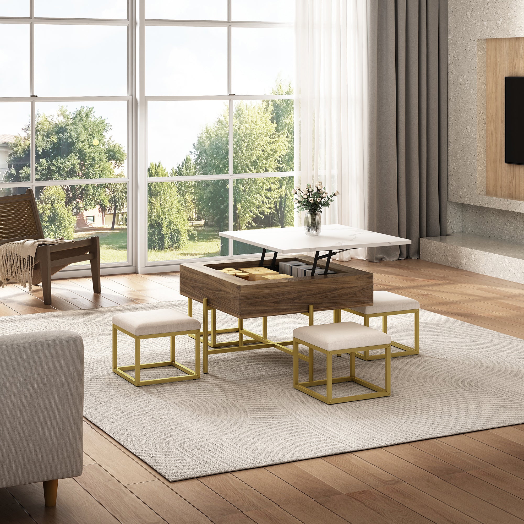 Walker Edison | Modern Square Lift-Top Coffee Table Set with 4 Ottomans