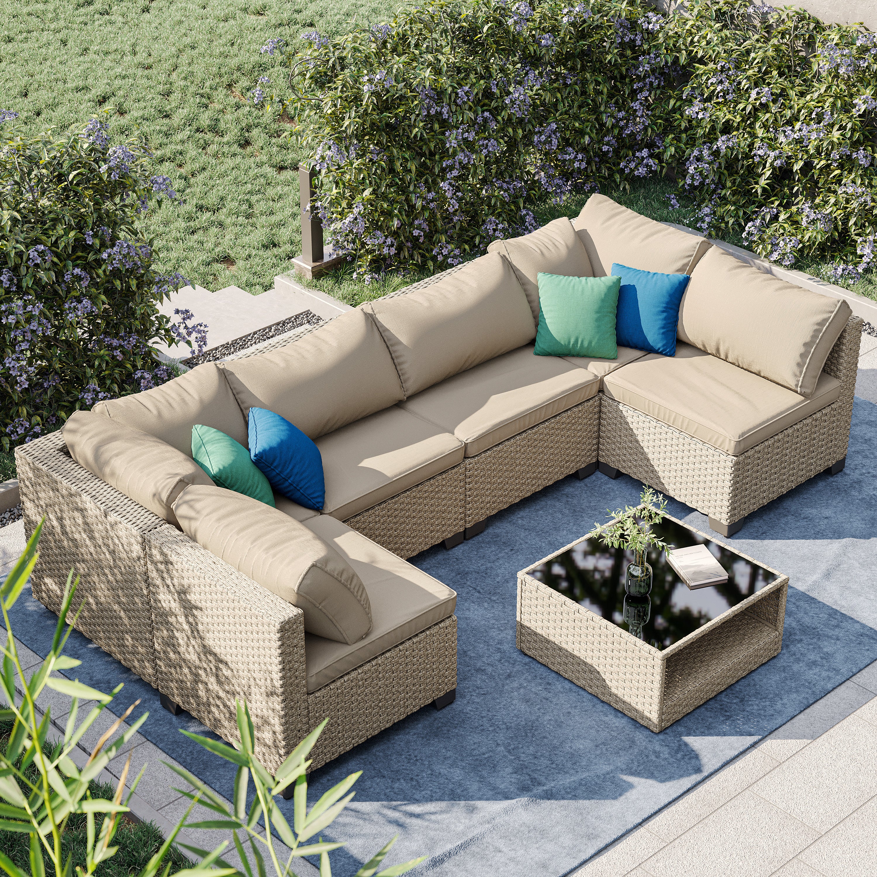 Walker Edison | Boho Modular 7-Piece Patio Sectional Sofa Set