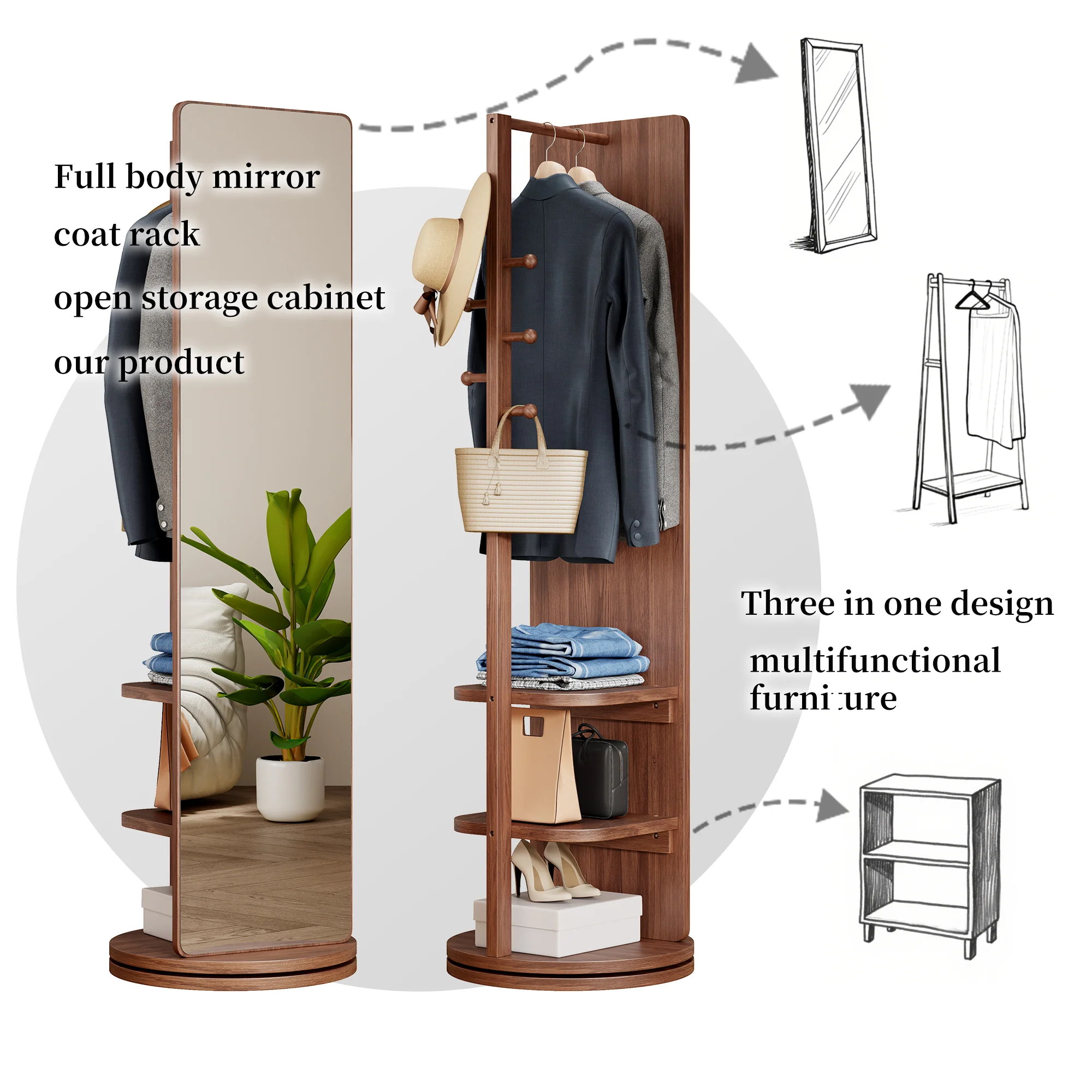 Walker Edison | 360° Rotating 66'x14' Multifunctional Full Length Mirror with Storage