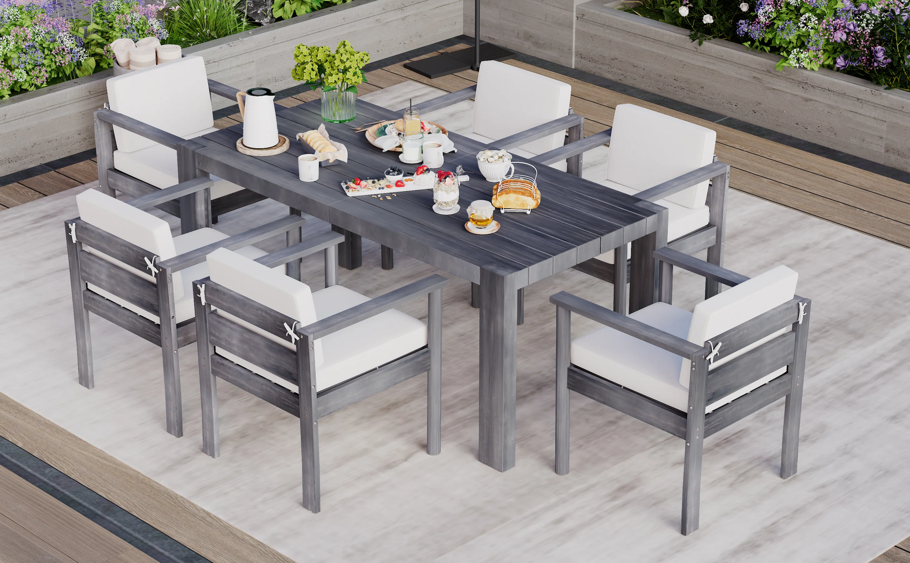 Walker Edison | Grey Wood Outdoor 7-Piece Patio Dining Table Set for 6