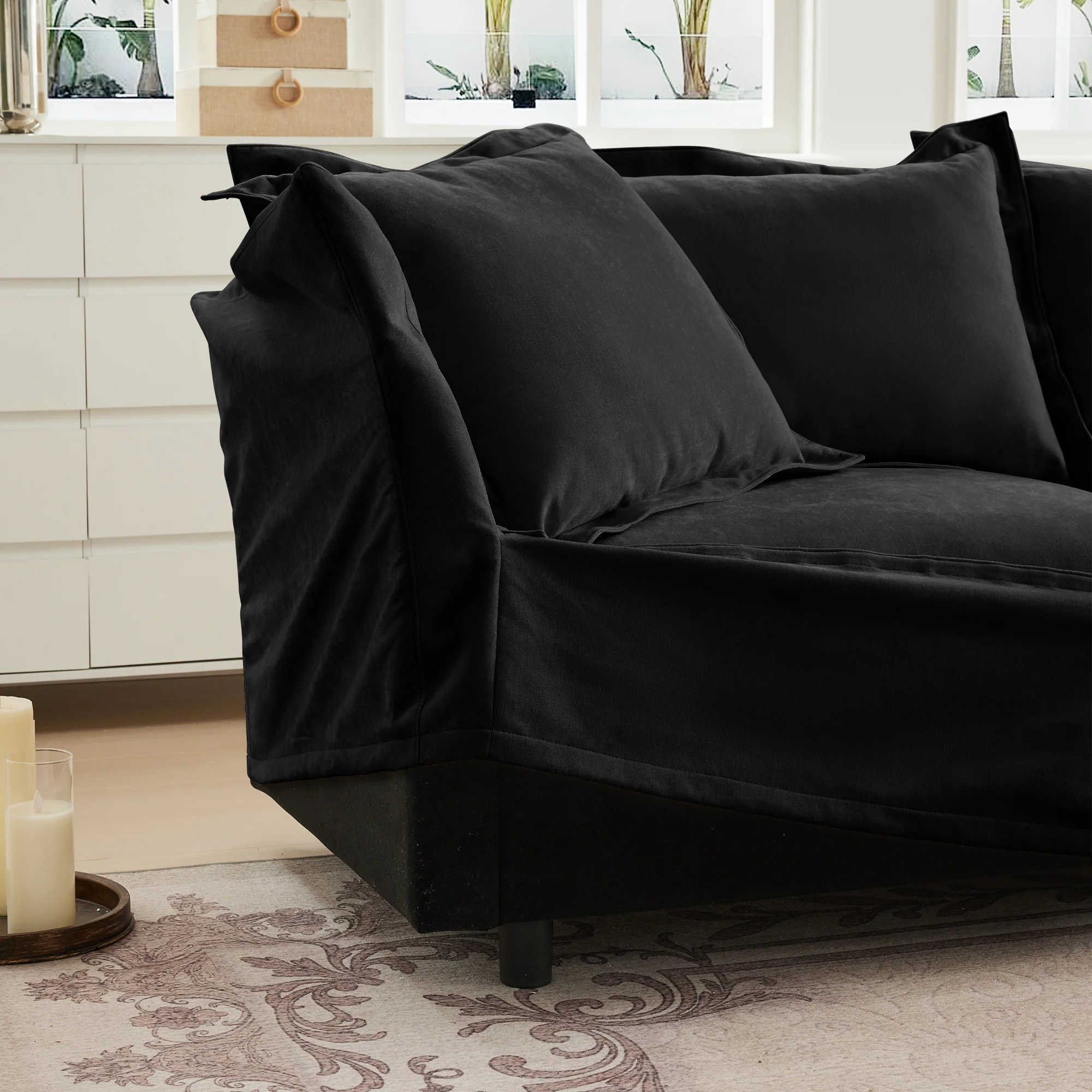 Walker Edison | Wide Deep Seat Slipcovered Black Loveseat Sofa with Ottoman