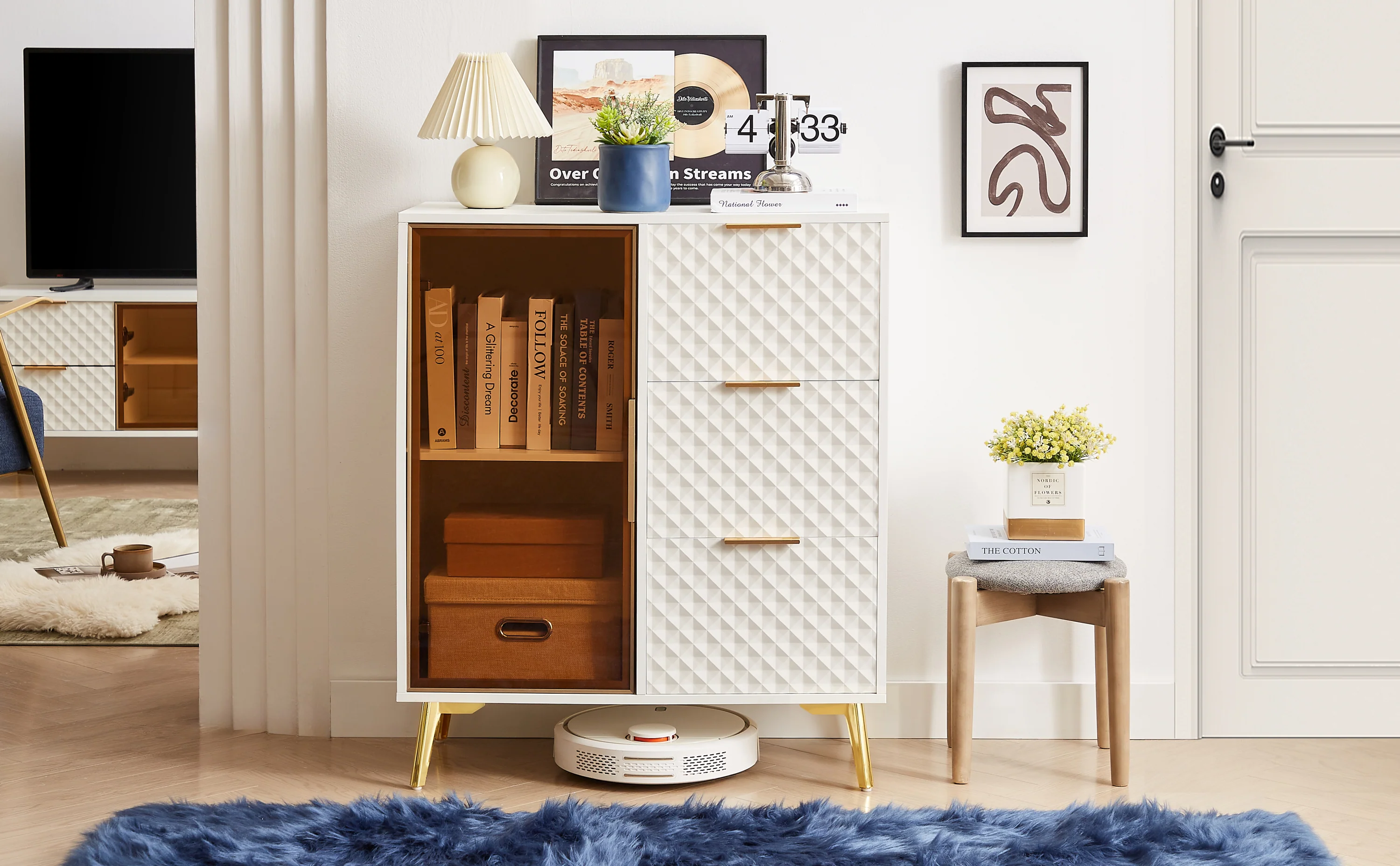 Walker Edison | Modular Modern Fashion Style Accent Cabinet with Tempered Glass Doors