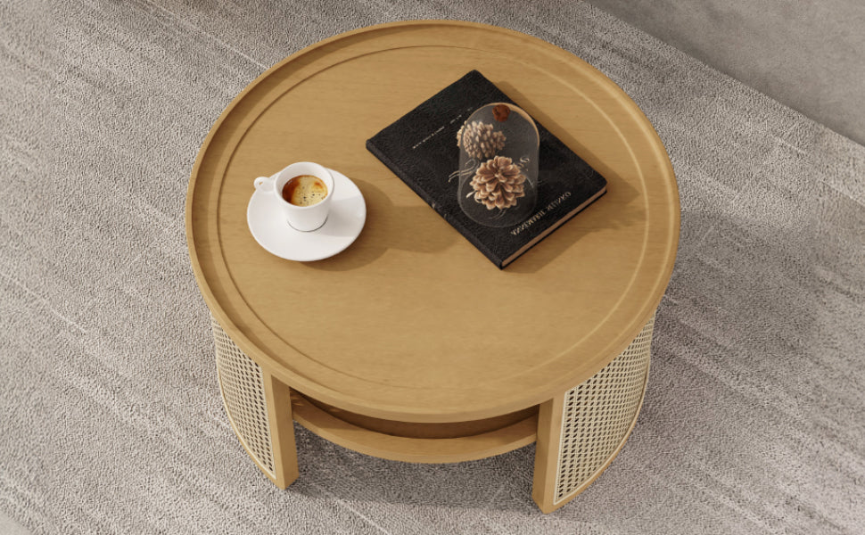 Walker Edison | Tiered Round Rattan Coffee Table with Storage