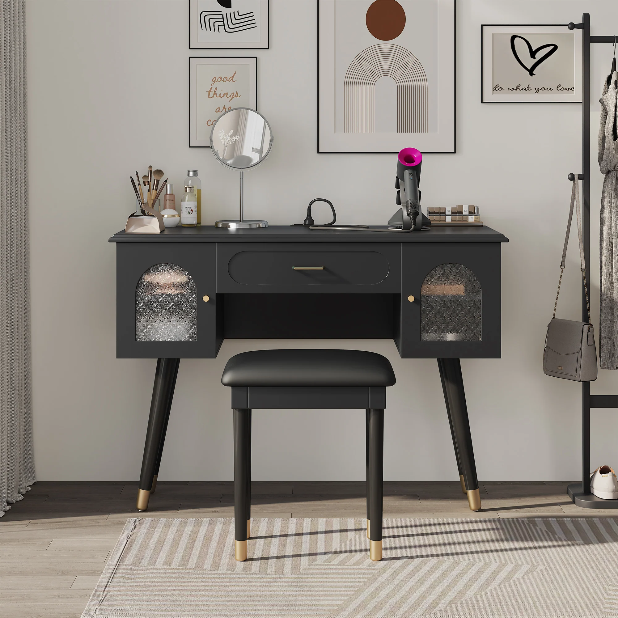 Walker Edison | Modern Vanity Makeup Table & Chair Set and Writing Desk