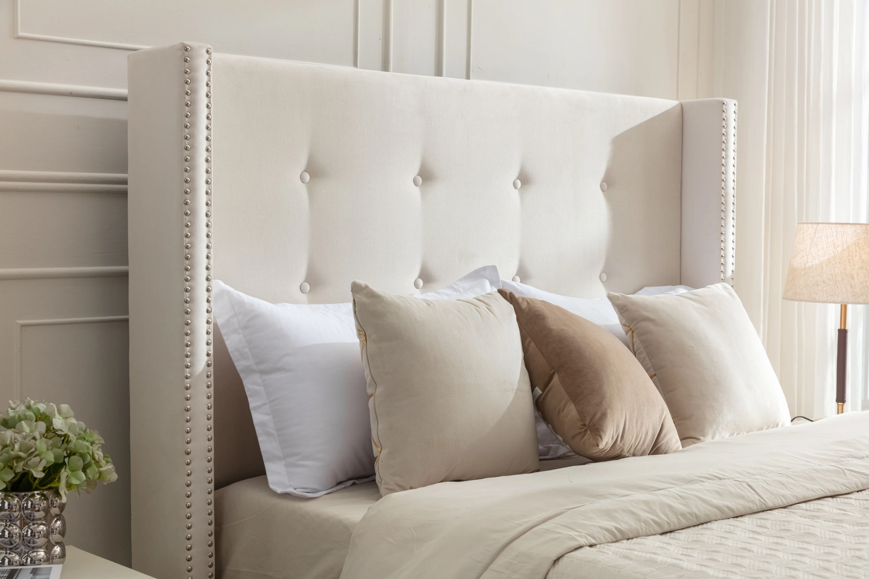 Walker Edison | Traditional Peyton Upholstered 54 High Headboard King Bed