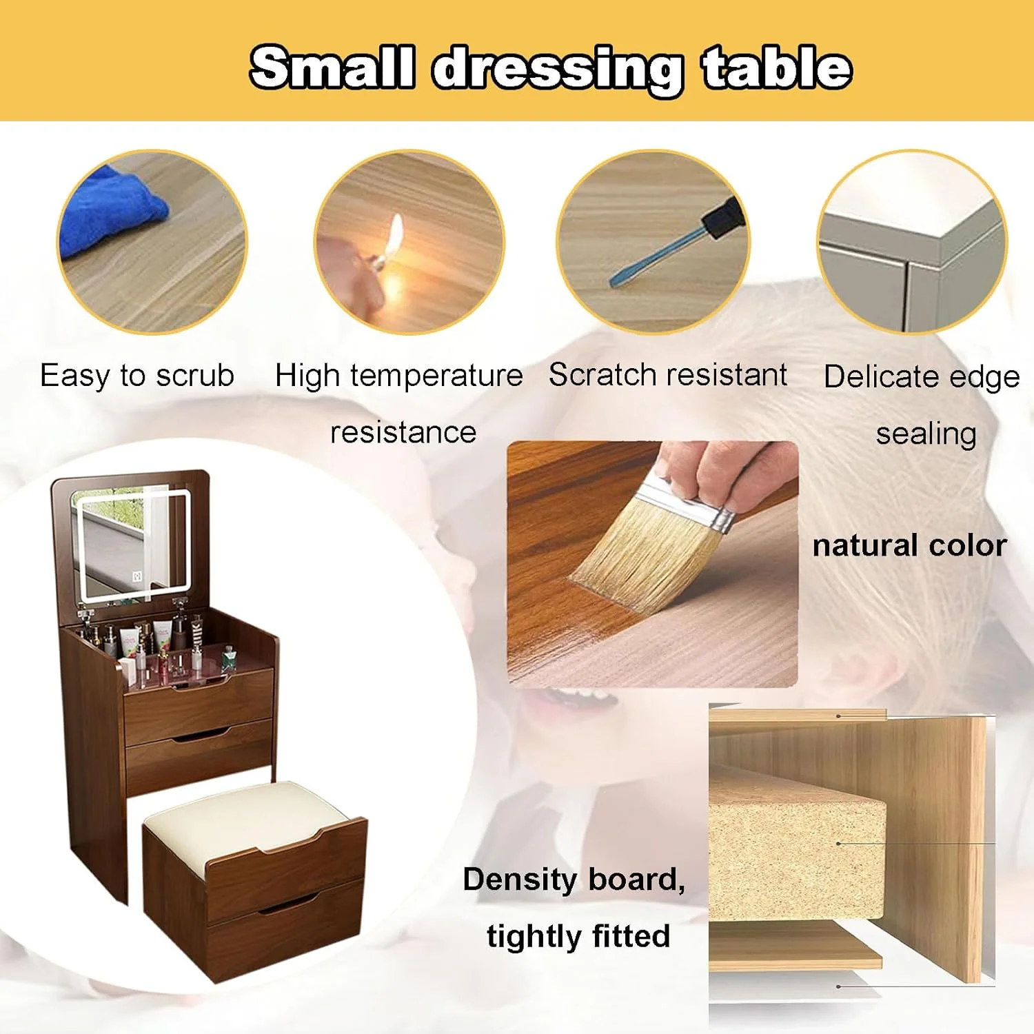 Walker Edison | Walnut 3 in 1 Vanity Desk with Flip Top Mirror & Cushioned Stool