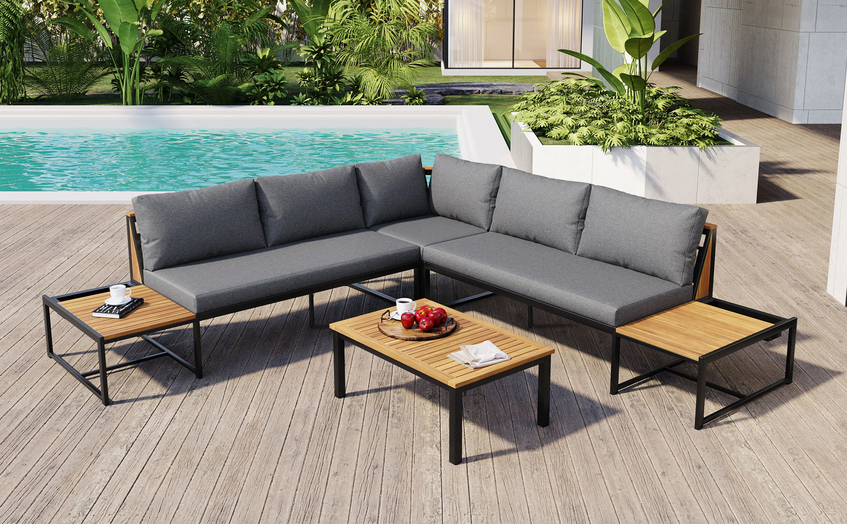 Walker Edison | 4 Pieces Outdoor Patio Sofa Sectional Set with Coffee and Side Tables