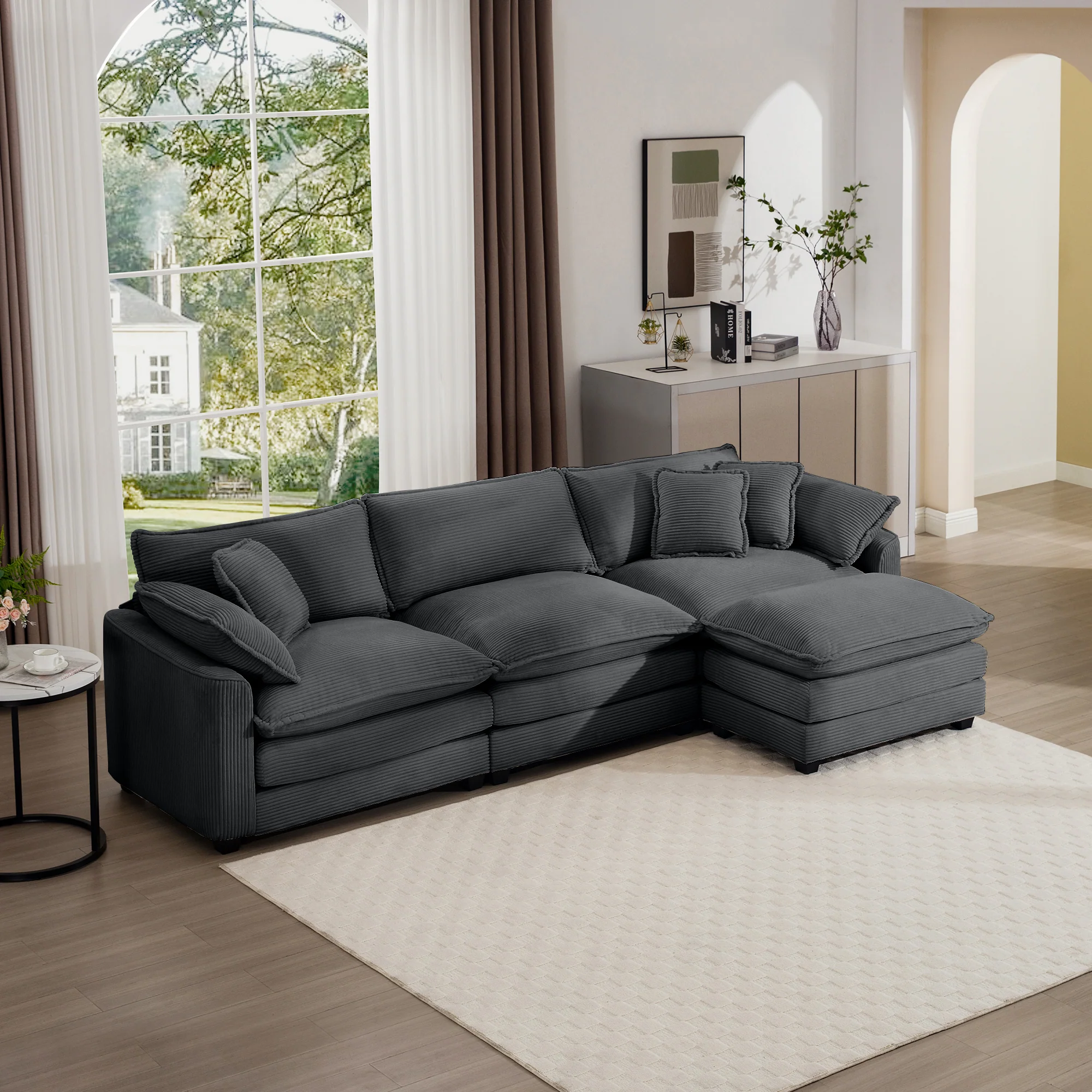 Walker Edison | Corduroy Cloud Plush Sectional Sofa with Ottoman