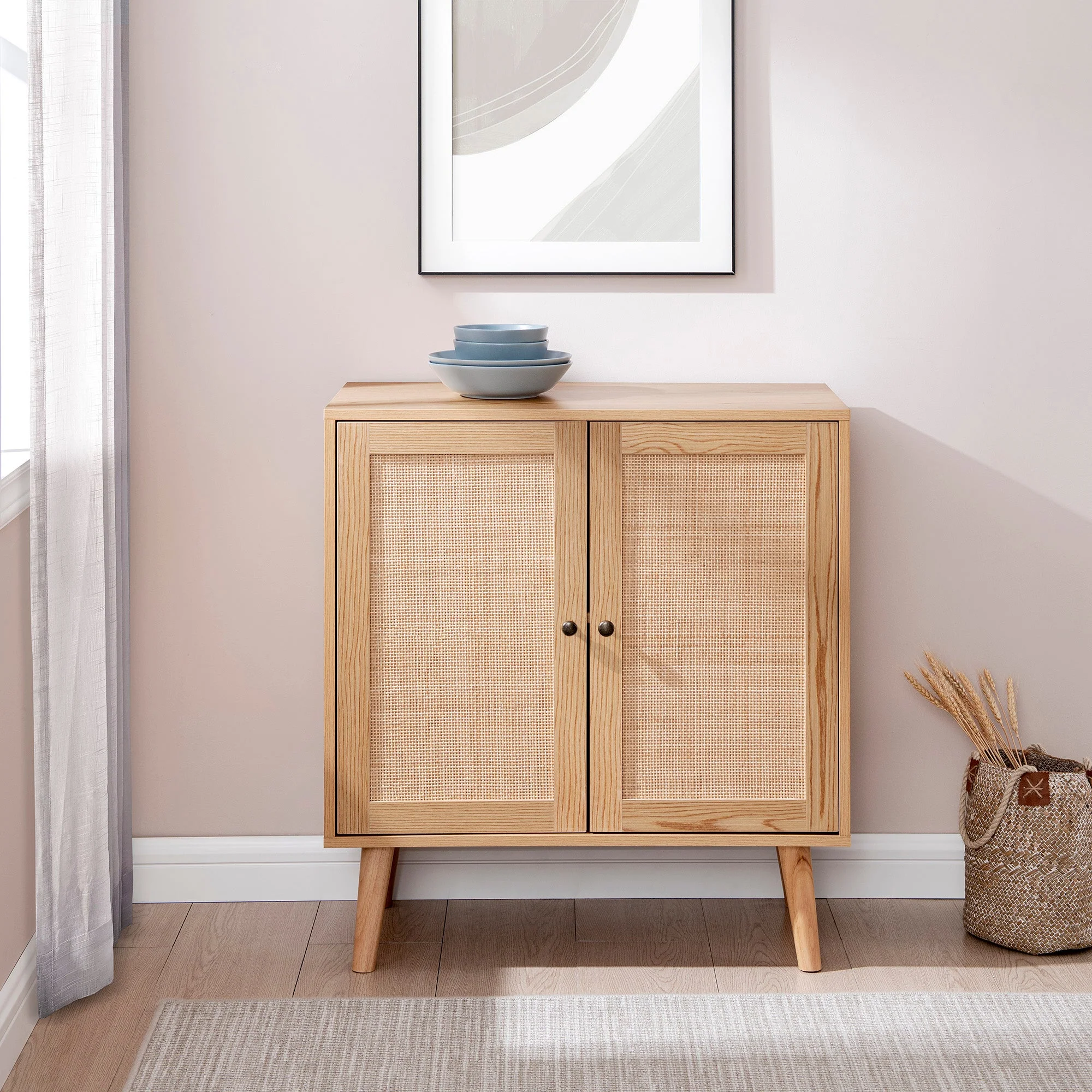 30 Wood and Rattan 2-Door Accent Cabinet