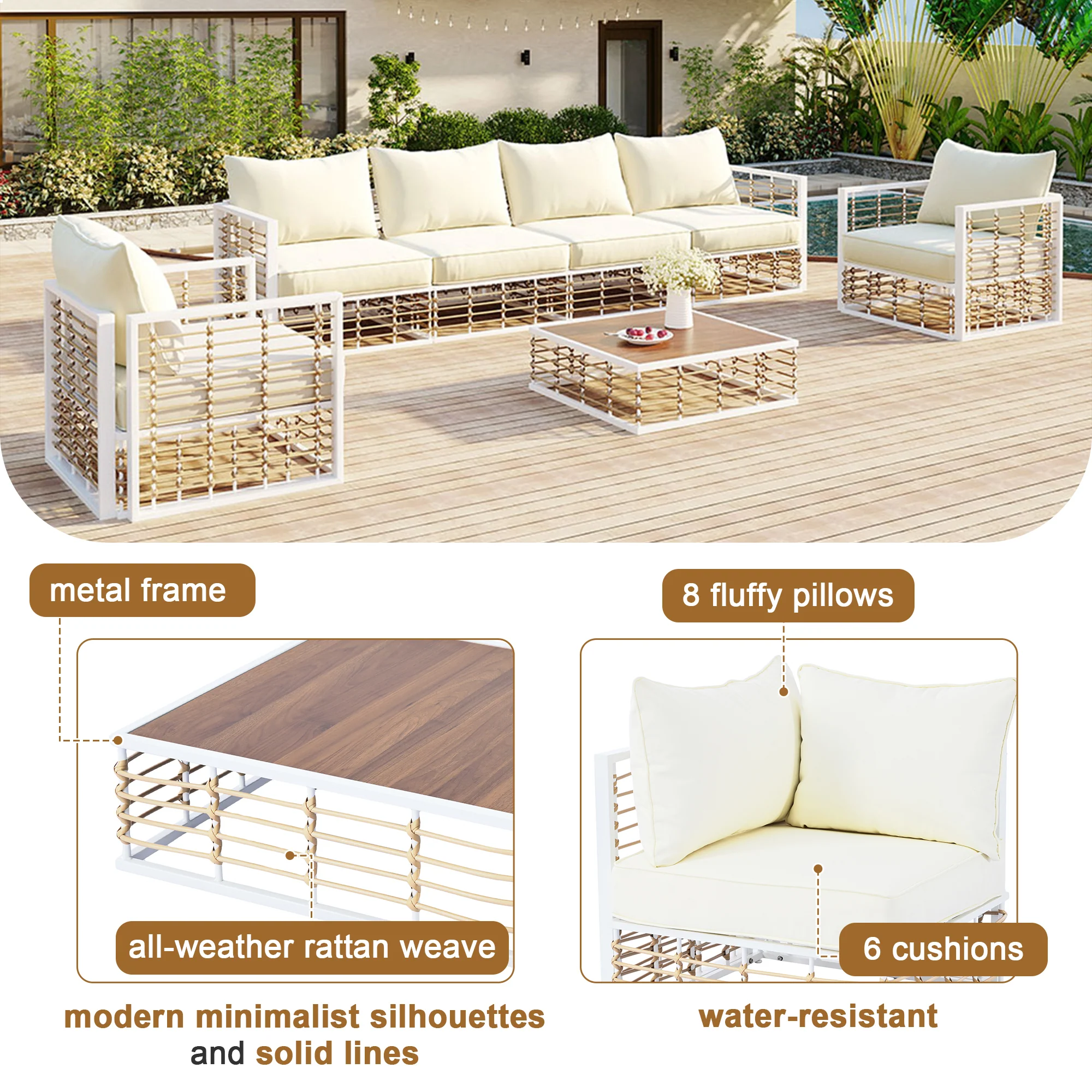 Walker Edison | White Modern Minimalist 7-Piece Metal Outdoor Patio Sectional Sofa Set