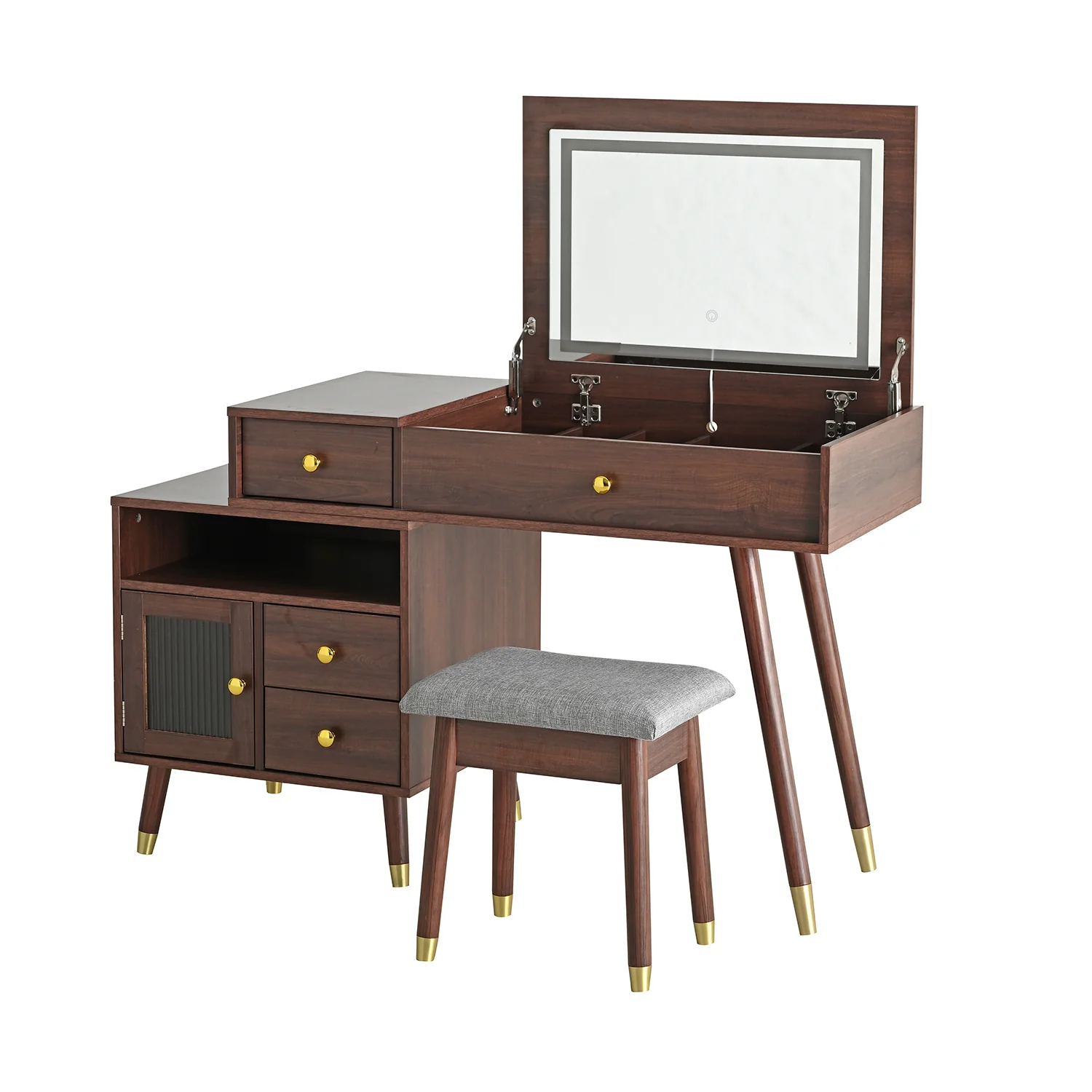 Walker Edison | 3-in-1 Makeup Vanity Desk with Lighted Flip-Top Mirror and Stool