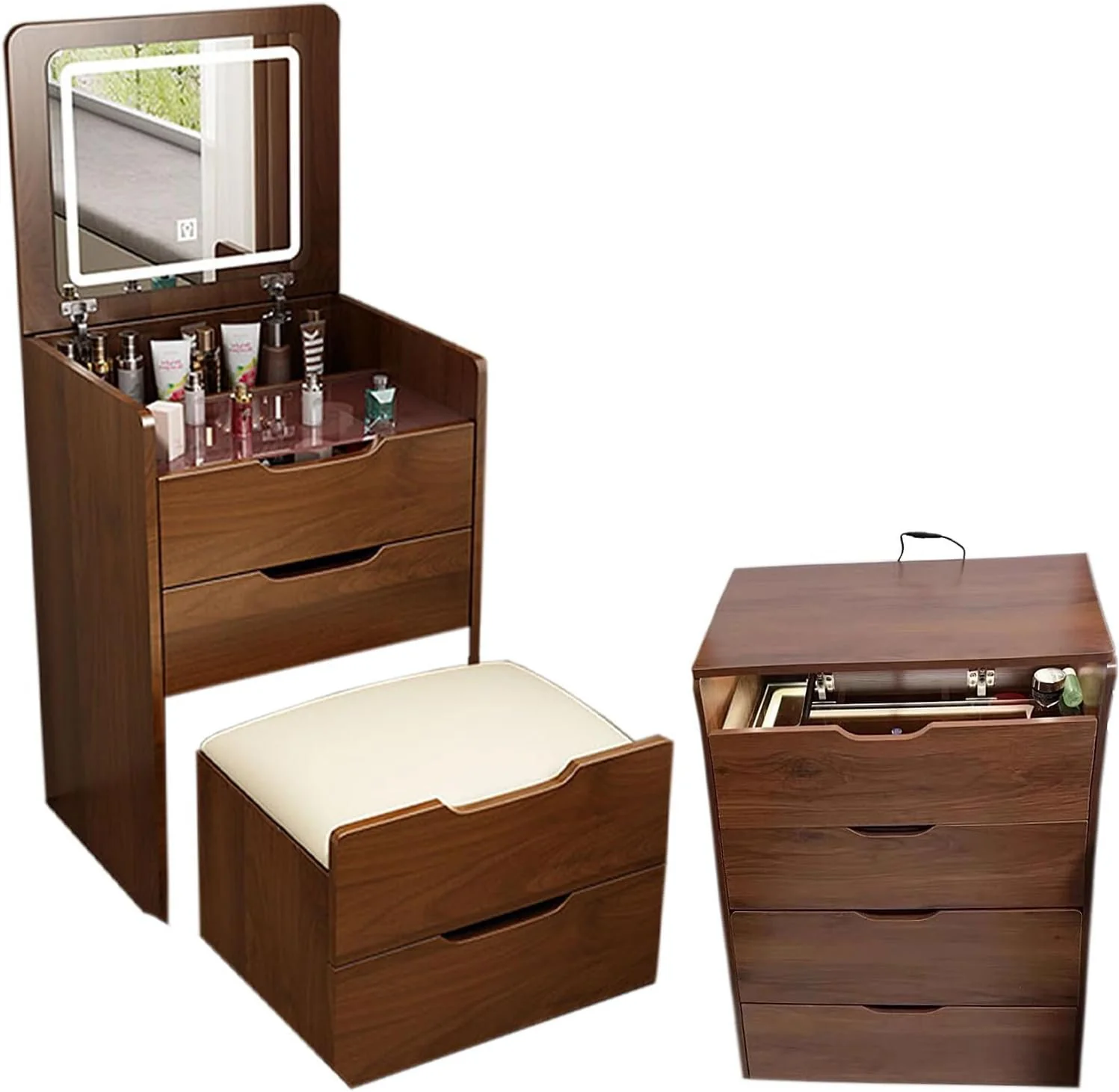 Walker Edison | Walnut 3 in 1 Vanity Desk with Flip Top Mirror & Cushioned Stool