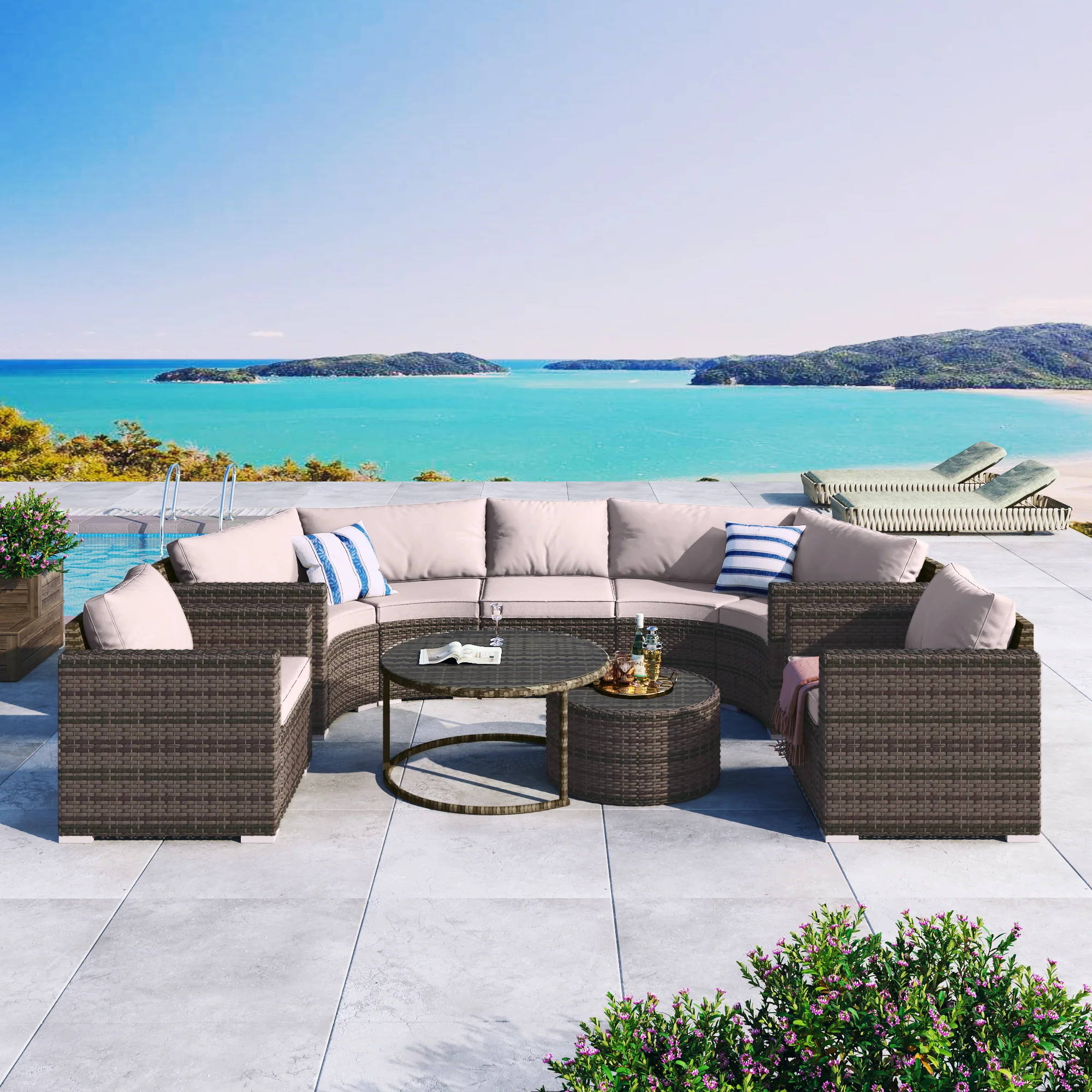 Walker Edison | Half Moon 9-Piece Wicker Outdoor Patio Sofa Set