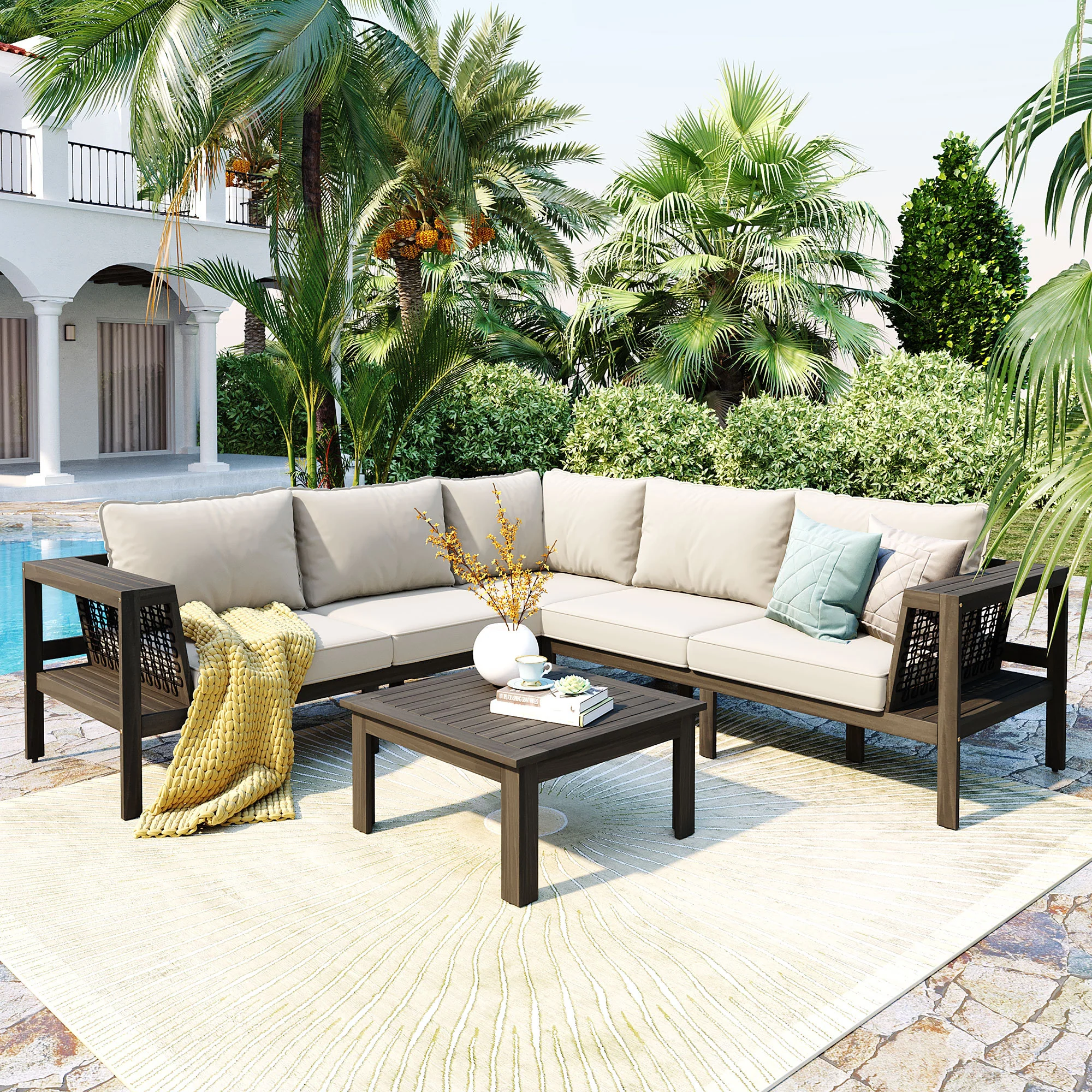 Walker Edison | Acacia L Shape Wood 4 Pieces Outdoor Sofa Set
