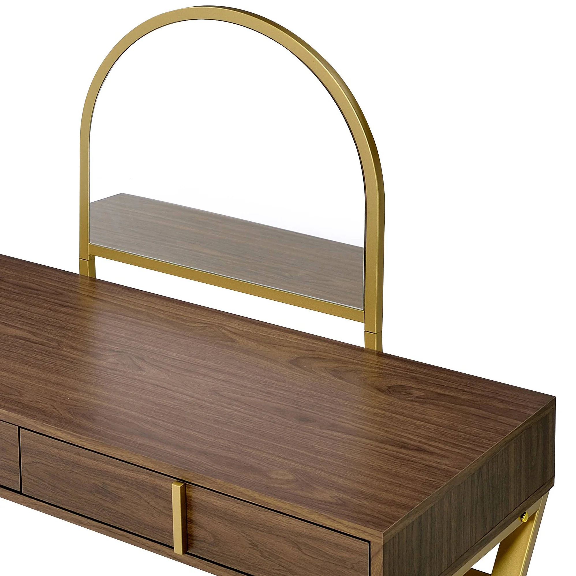 Walker Edison | Modern Walnut and Gold Finish Vanity Desk with Mirror and Jewelry Tray