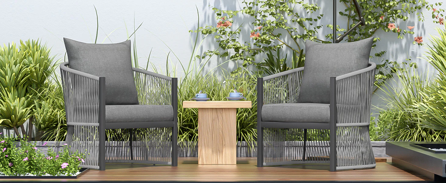 Walker Edison | Stylish Rope-Weave Gray Curved Outdoor Chairs Set of 2
