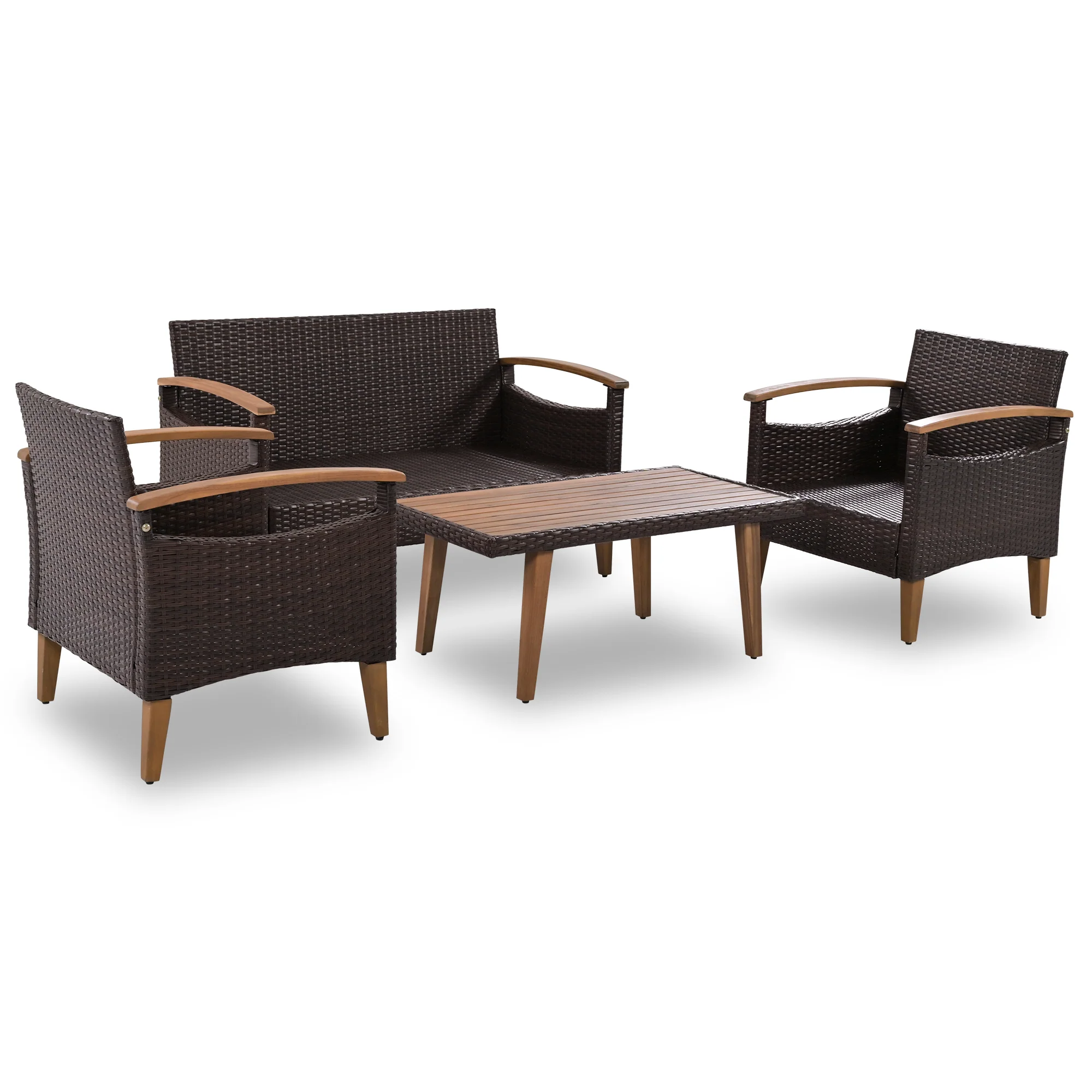 Walker Edison | 4-Piece Brown Rattan Outdoor Sofa Set with Table