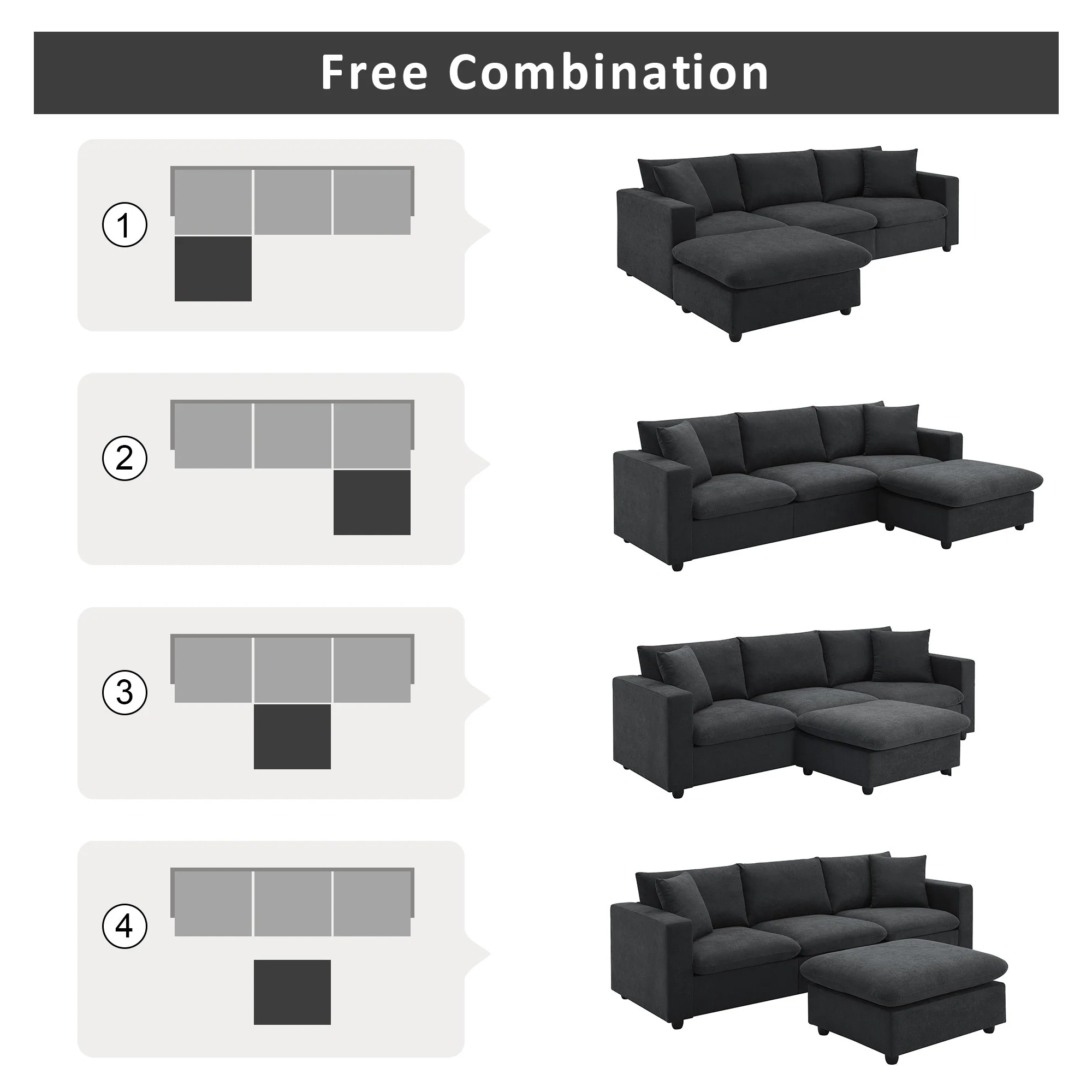 Walker Edison | Chenille Black Modern L-shape Sectional Sofa Ottoman