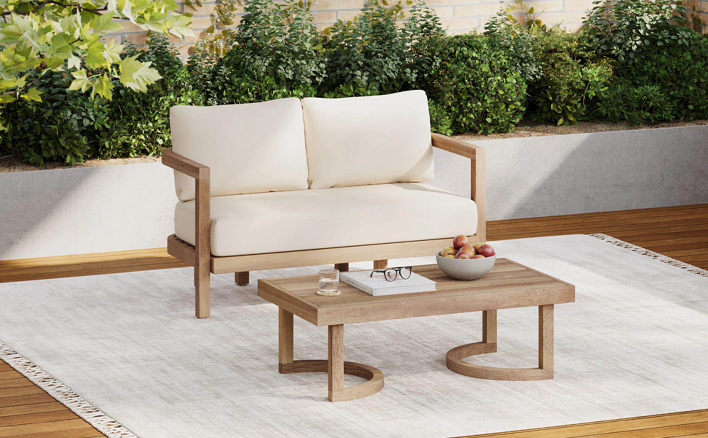 Walker Edison | Modern Outdoor Acacia Wood Patio Loveseat and Coffee Table