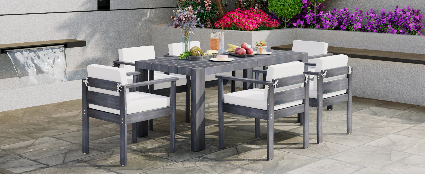 Walker Edison | Grey Wood Outdoor 7-Piece Patio Dining Table Set for 6