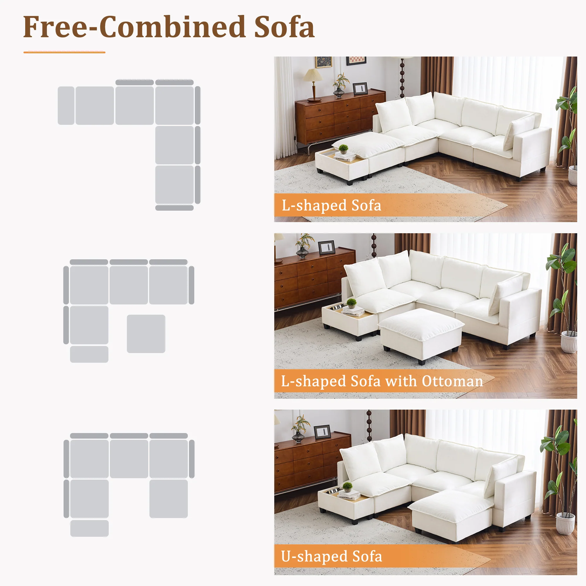 Walker Edison | Cloud Modular U-shaped Sectional Sofa with Ottoman and Coffee Table