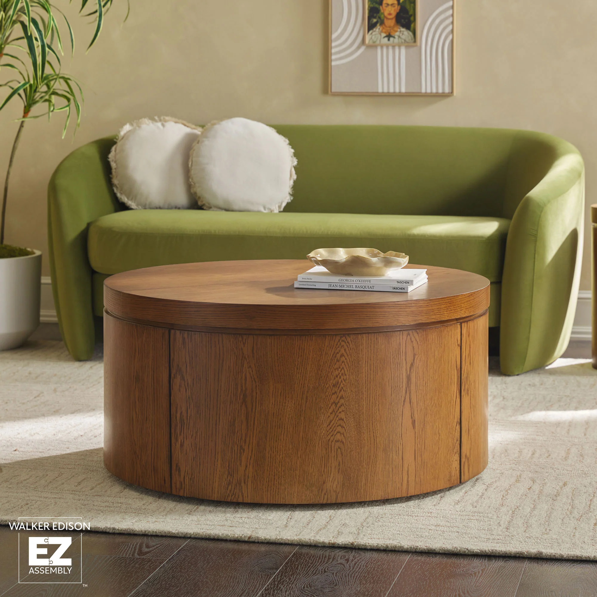 Maya 36 Modern Easy Assembly Round Oak Wood Veneer Coffee table with Storage