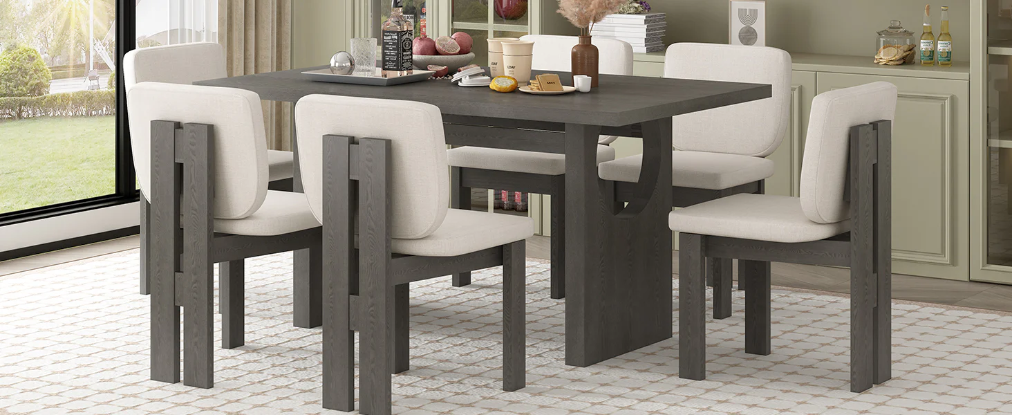 Walker Edison | 60' Wood 7-Piece Retro Dining Table Set for 6 with Upholstered Chairs