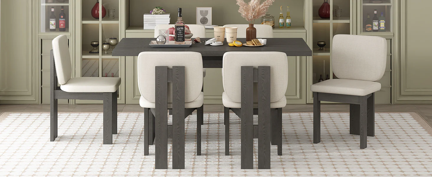 Walker Edison | 60' Wood 7-Piece Retro Dining Table Set for 6 with Upholstered Chairs