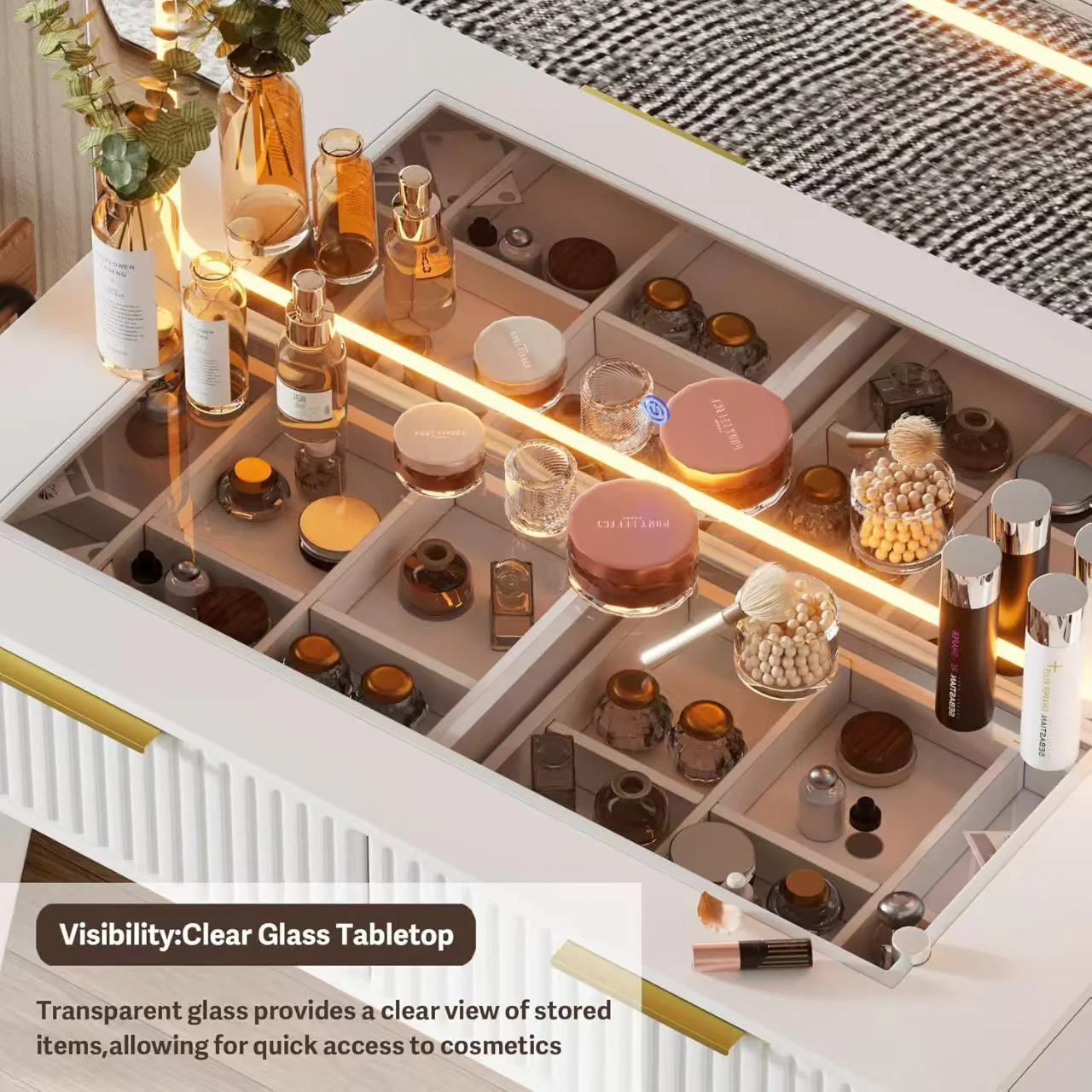 Walker Edison | White Reeded Vanity Desk with with Mirror and Lights with Glass Top and Stool