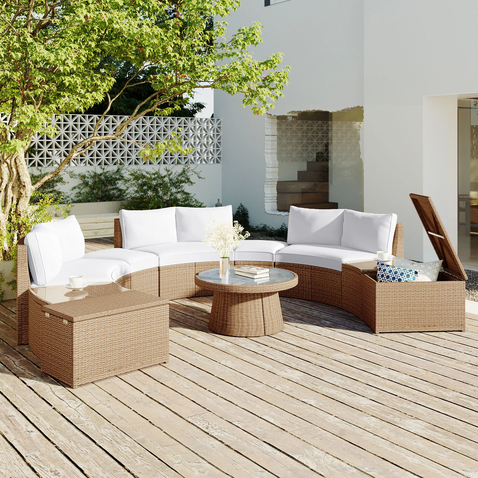 Walker Edison | Wicker Half Moon Outdoor 10-Piece Sectional Sofa Set with Storage