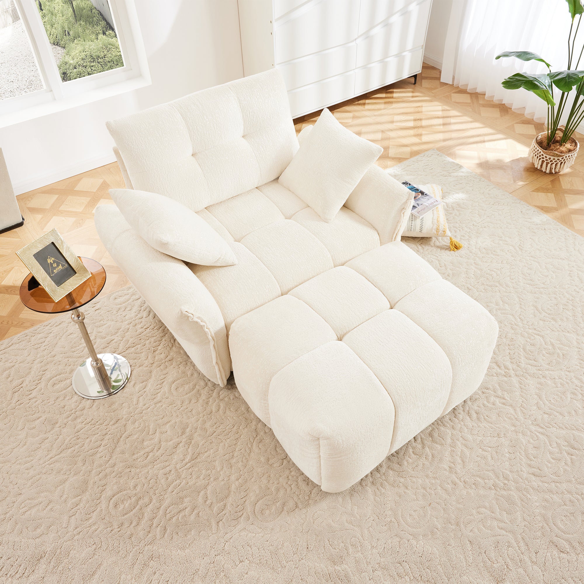 Walker Edison | Modern Tufted Ergonomic White Chenille Accent Chair with Ottoman Set