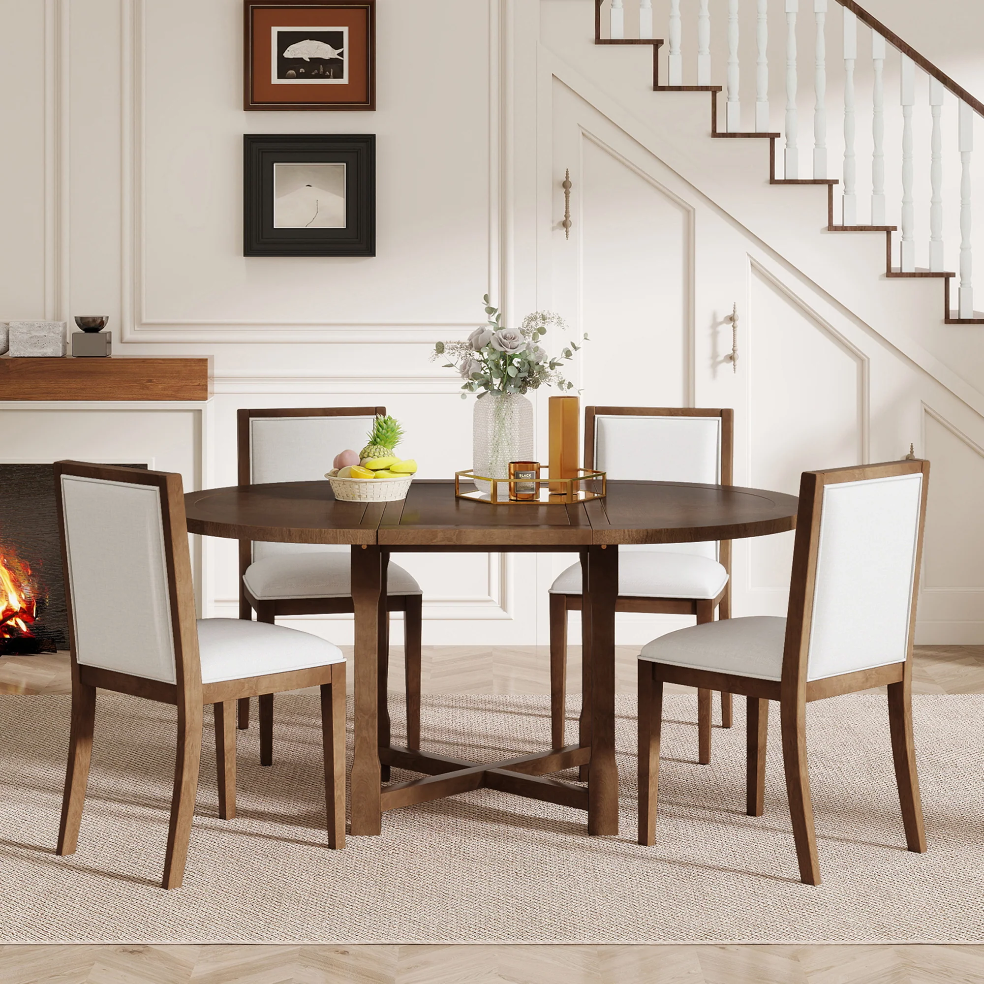 Walker Edison | Farmhouse Kitchen 5-Piece Extendable Dining Table Set for 4 with Upholstered Chair