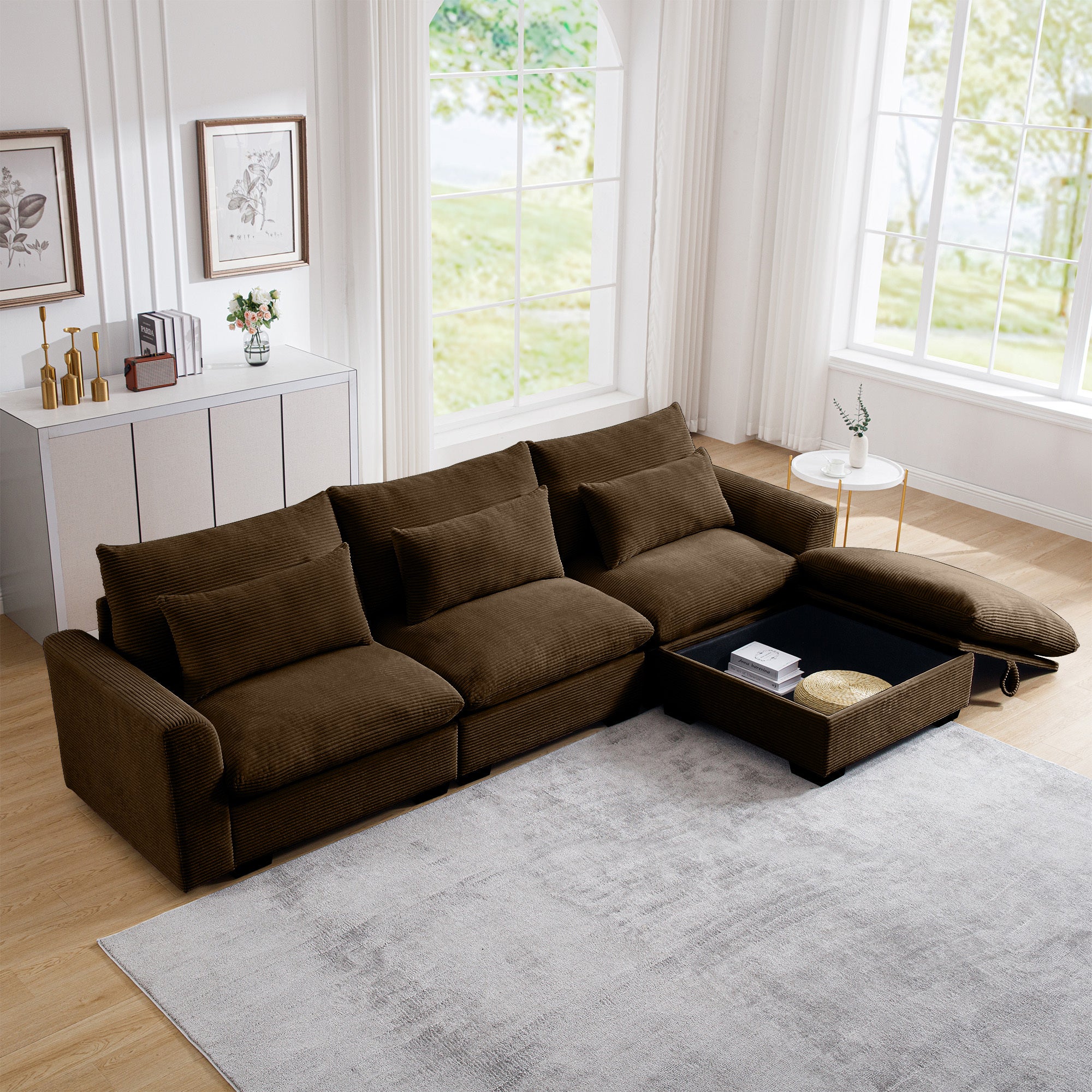 Walker Edison | L Shaped Corduroy Sectional Sofa with Storage Footstool