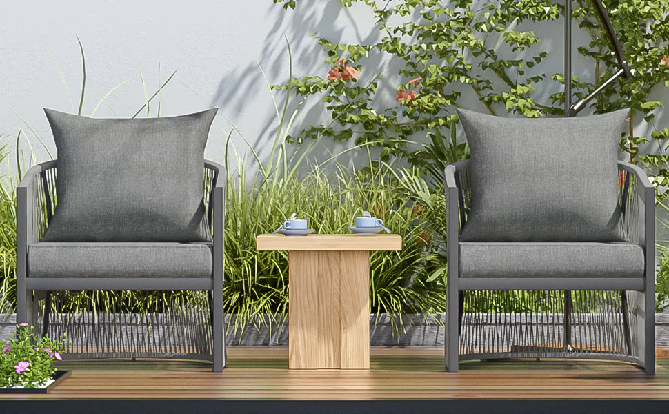 Walker Edison | Stylish Rope-Weave Gray Curved Outdoor Chairs Set of 2