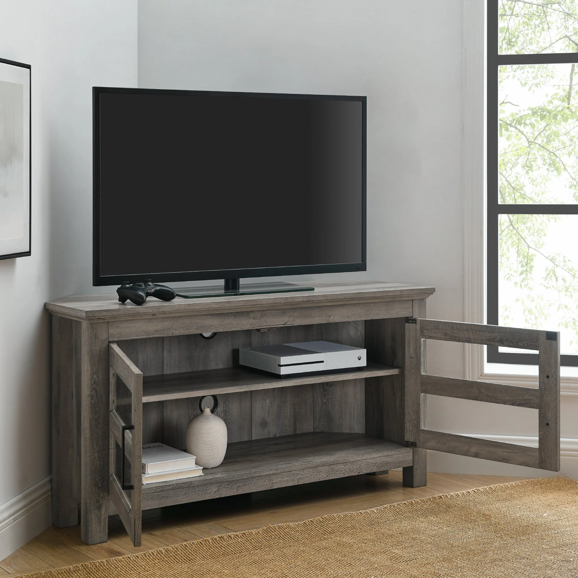 Farmhouse Cordoba 44 Transitional Modern Wood Corner TV Stand