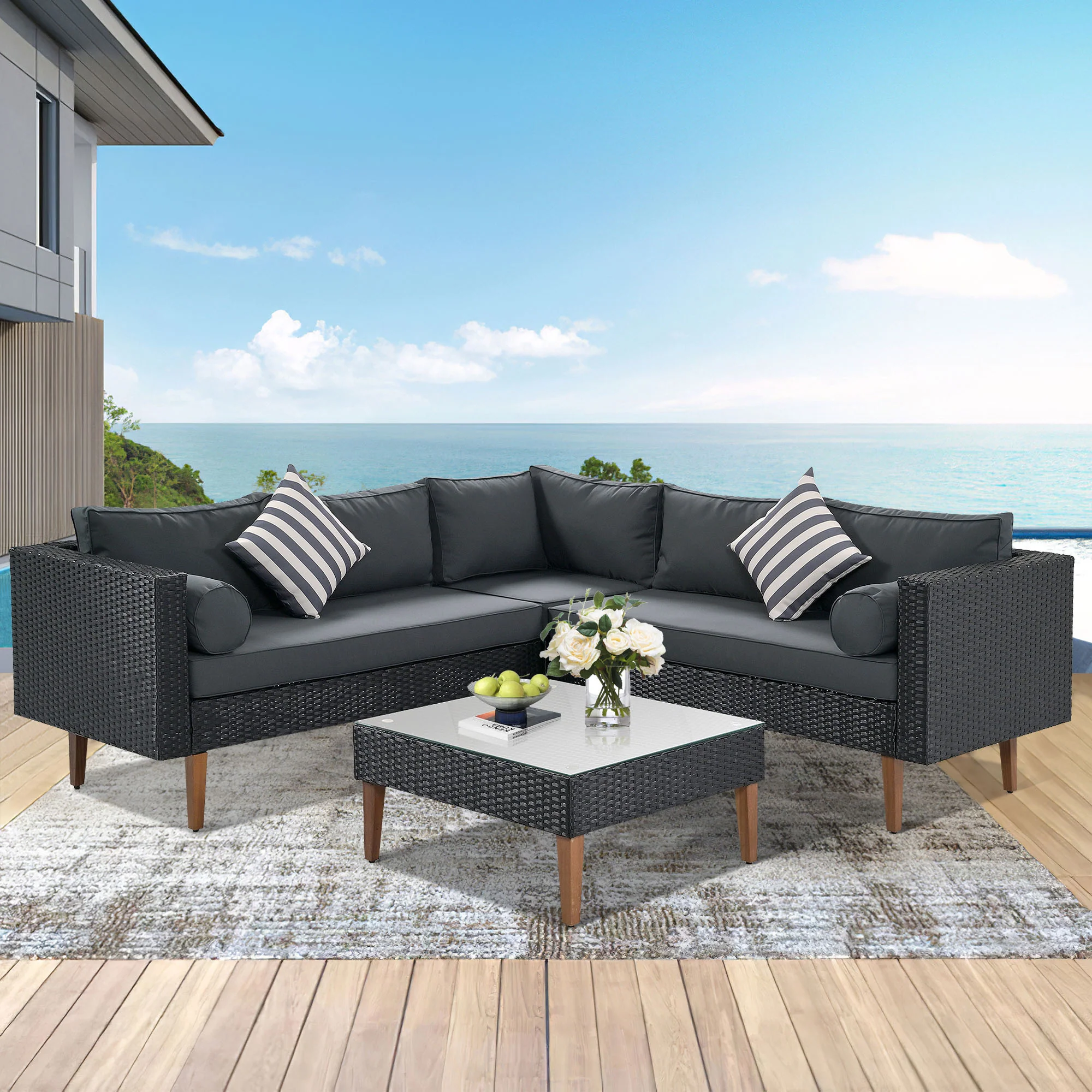 Walker Edison | Black 4-pieces Outdoor Wicker Sofa Set