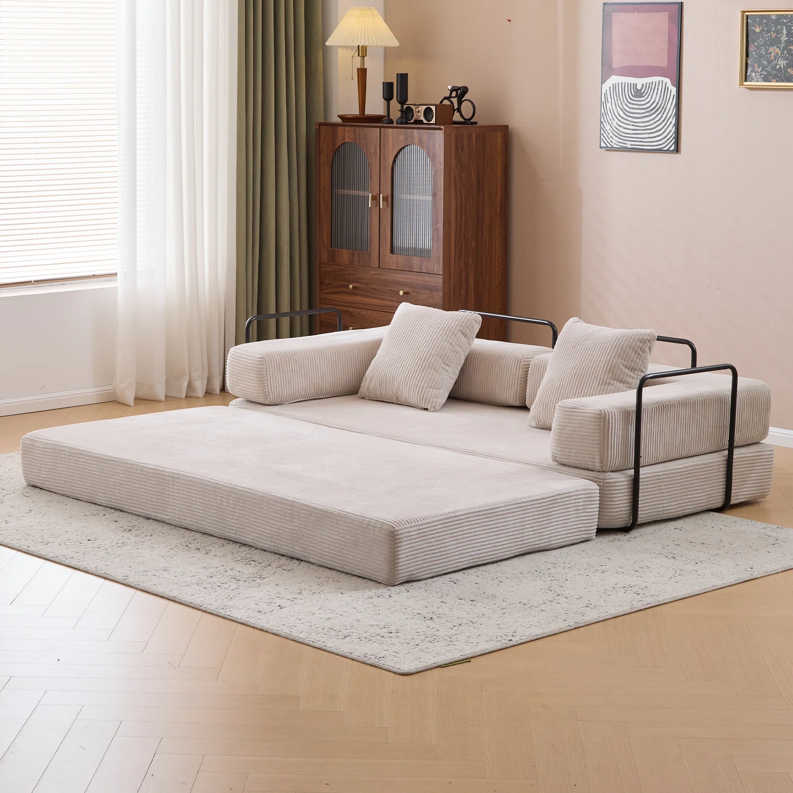 Walker Edison | Futon Corduroy Floor Sofa Bed with Pillows
