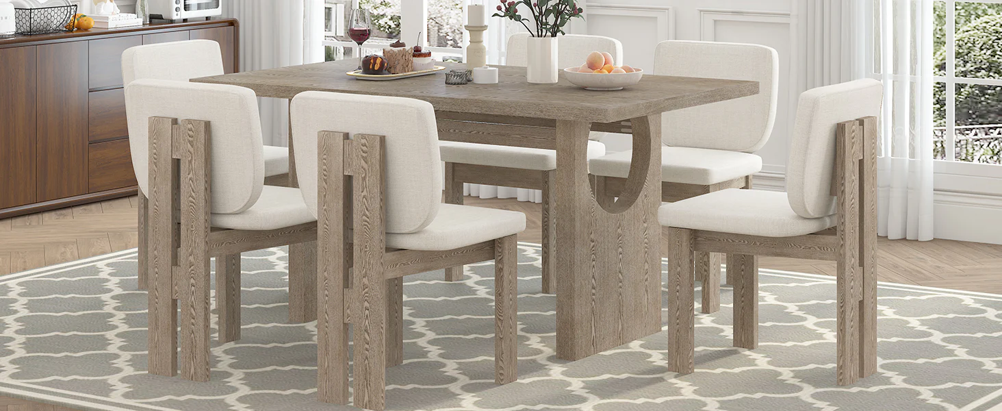 Walker Edison | Natural Wood Wash 7-Piece Retro Dining Set with 6 Upholstered Chairs