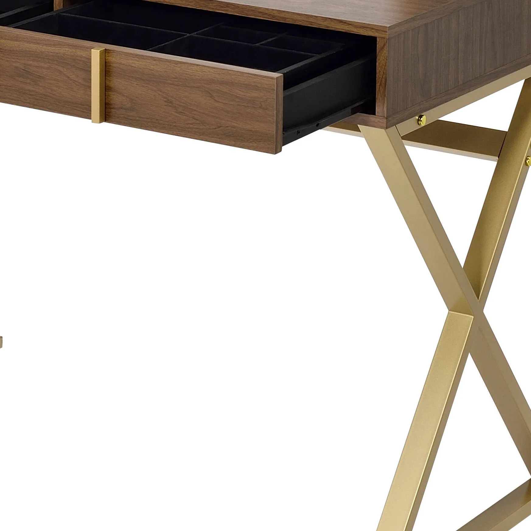 Walker Edison | Modern Walnut and Gold Finish Vanity Desk with Mirror and Jewelry Tray