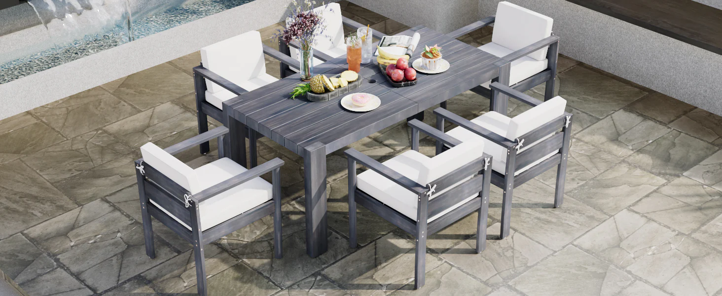 Walker Edison | Grey Wood Outdoor 7-Piece Patio Dining Table Set for 6