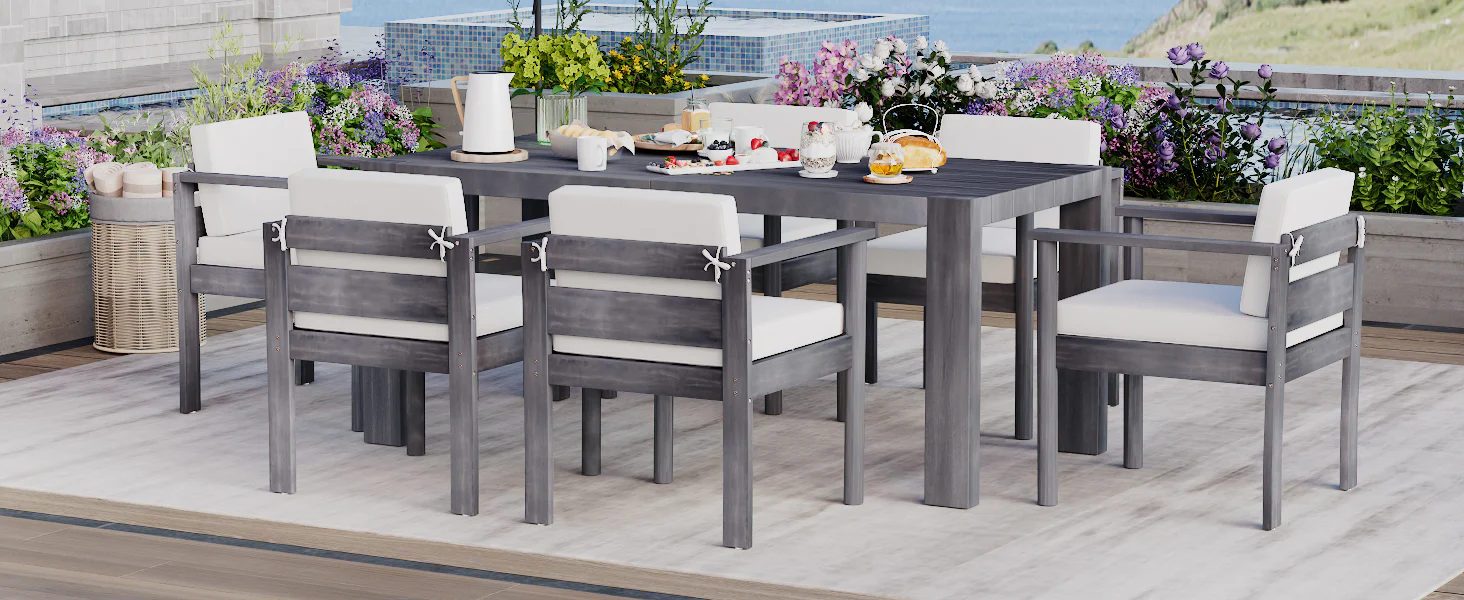 Walker Edison | Grey Wood Outdoor 7-Piece Patio Dining Table Set for 6