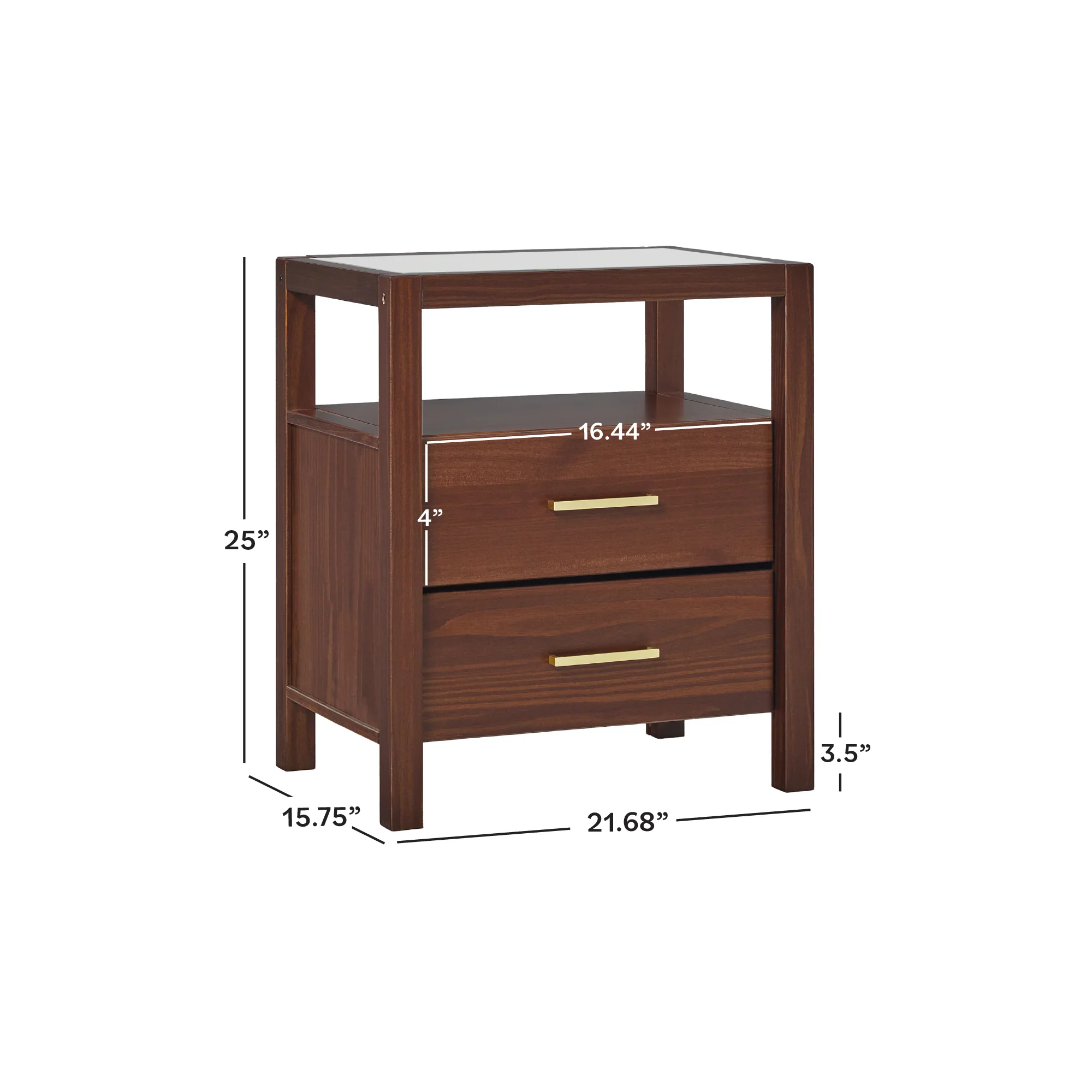 Isla Modern Easy Assembly Solid Wood 2-Drawer Nightstand Side Table with Glass Top