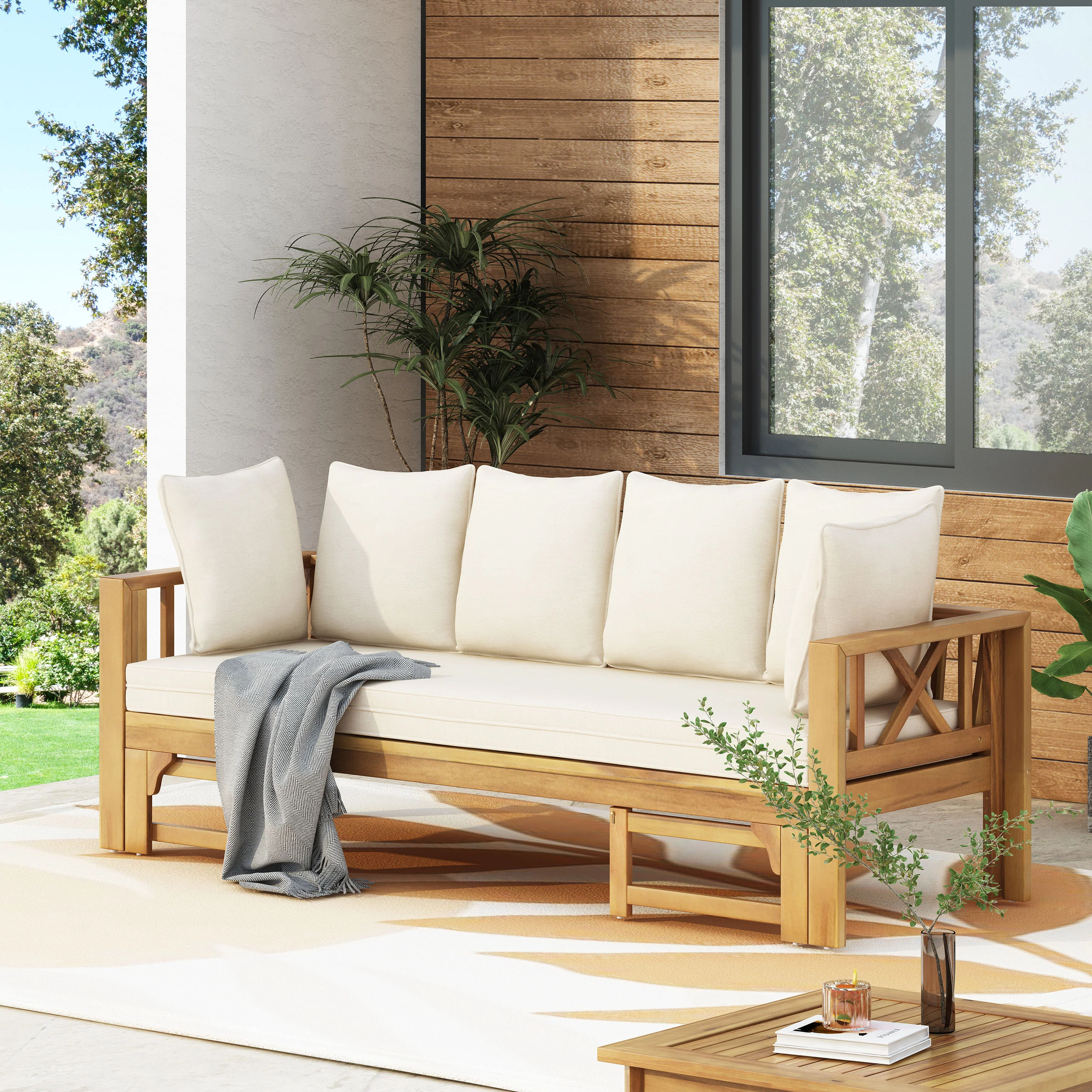 Walker Edison | Acacia Wood Outdoor Extendable Sofa into Daybed