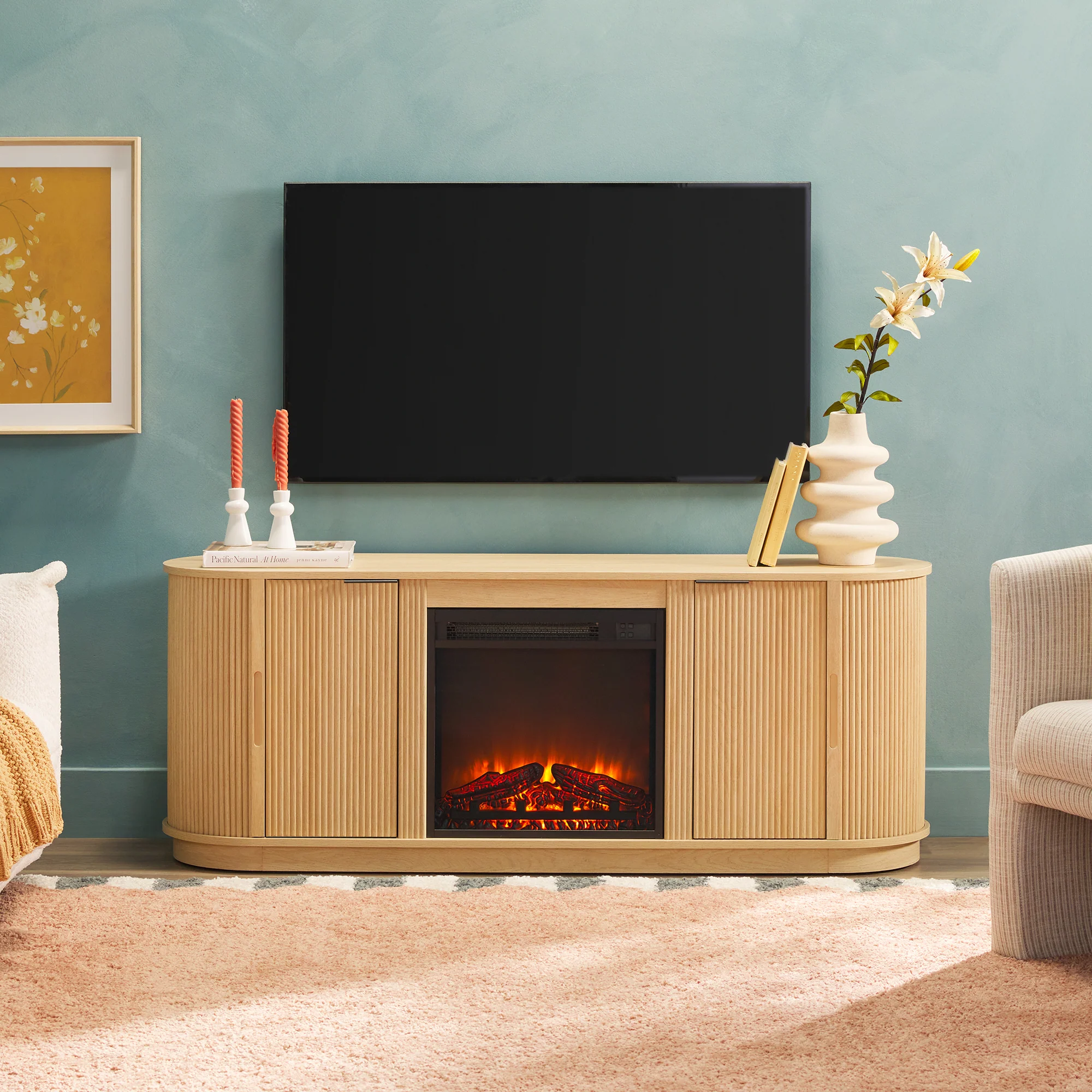 Chloe Modern Scandinavian Reeded Fireplace TV Stand in 2 Sizes