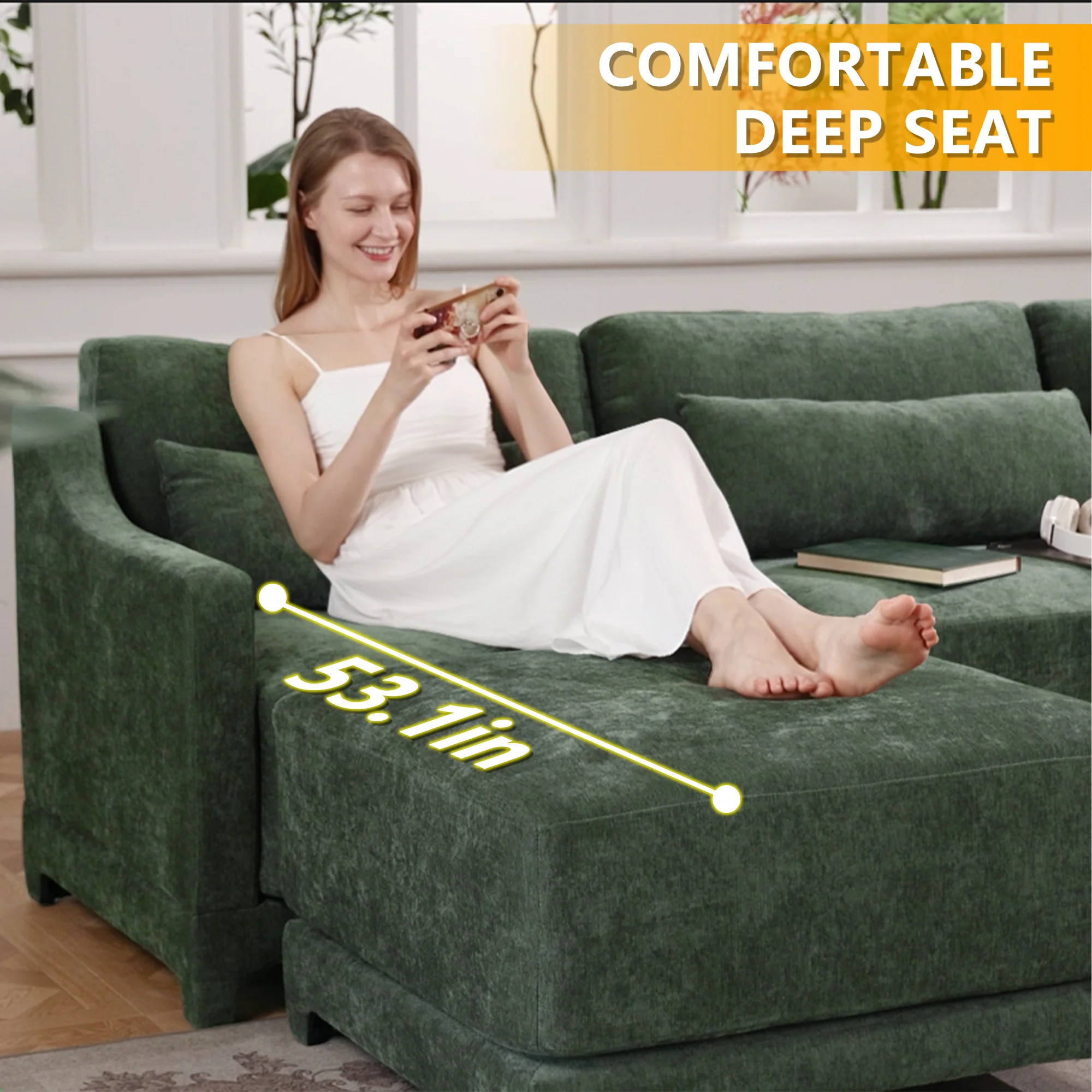 Walker Edison |Ergonomic Design Green Chenille Loveseat Sofa with Ottoman