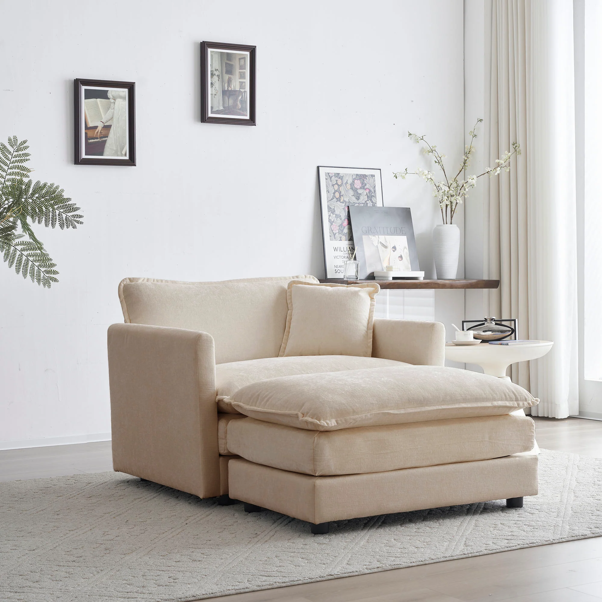 Walker Edison | Beige Chenille Cloud Accent Chair with Ottoman Set
