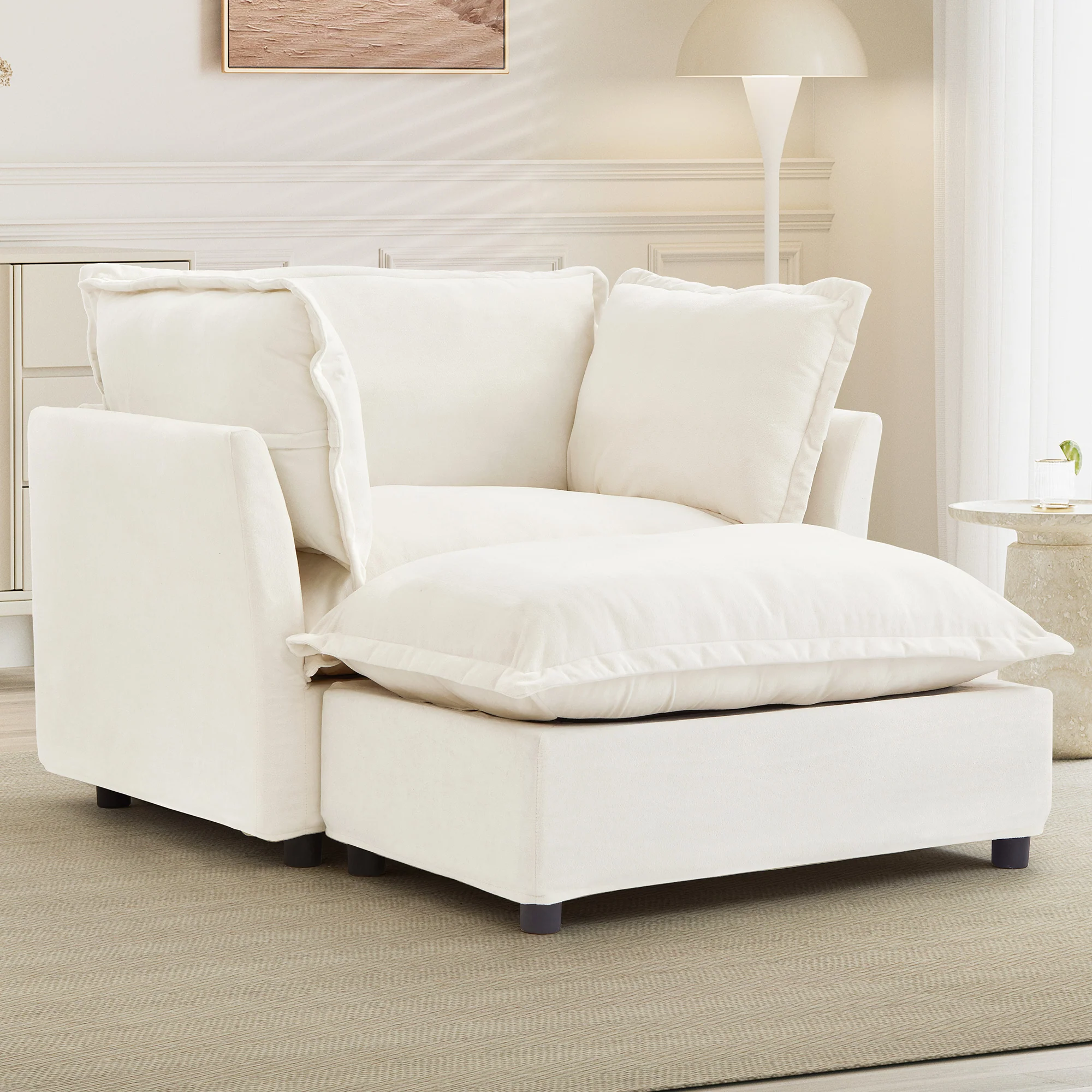 Walker Edison | Cozy Modern Chenille Armchair with Ottoman